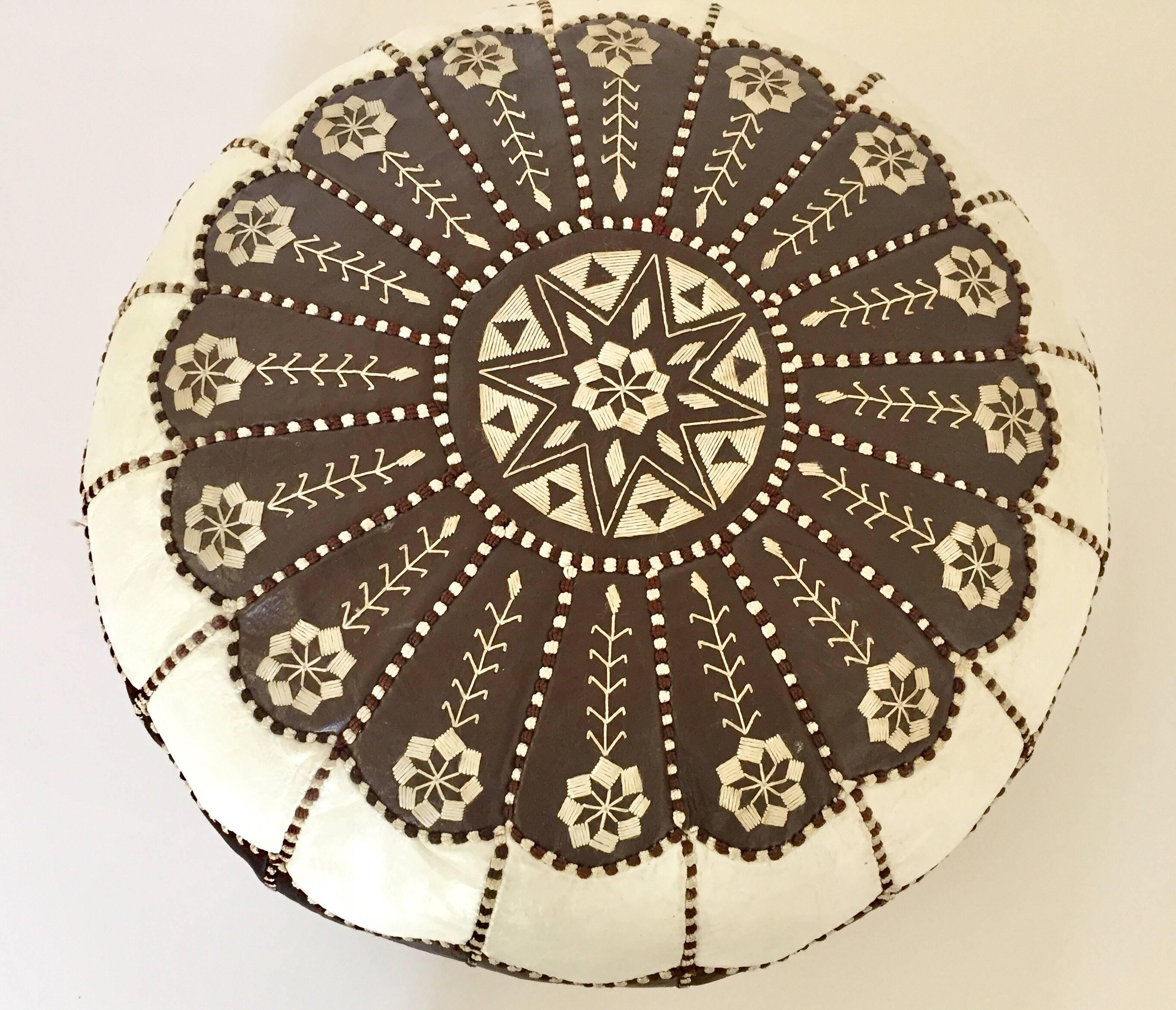 Moroccan Vintage Round Leather Pouf Brown and White Embroidered 2