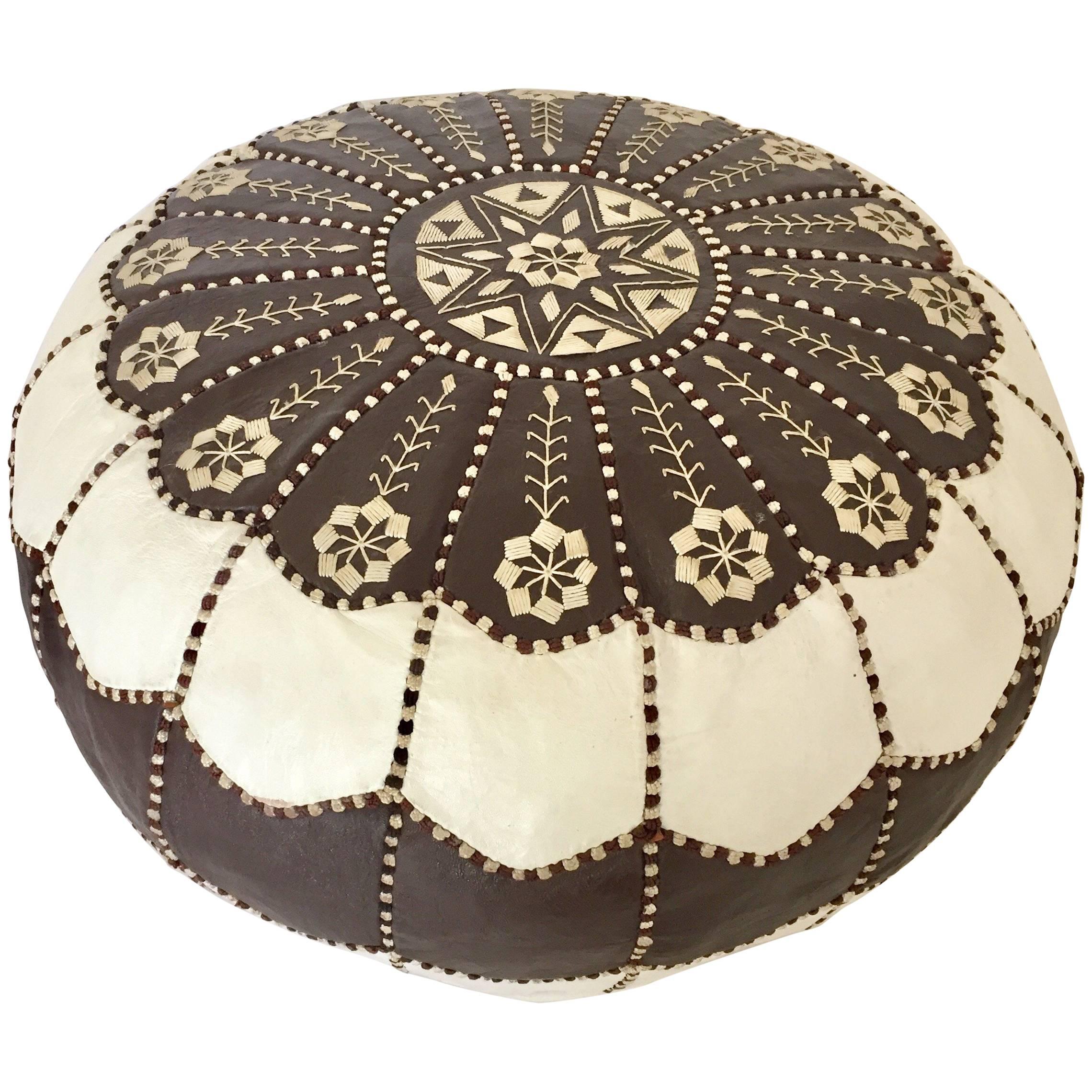 Moroccan Vintage Round Leather Pouf Brown and White Embroidered