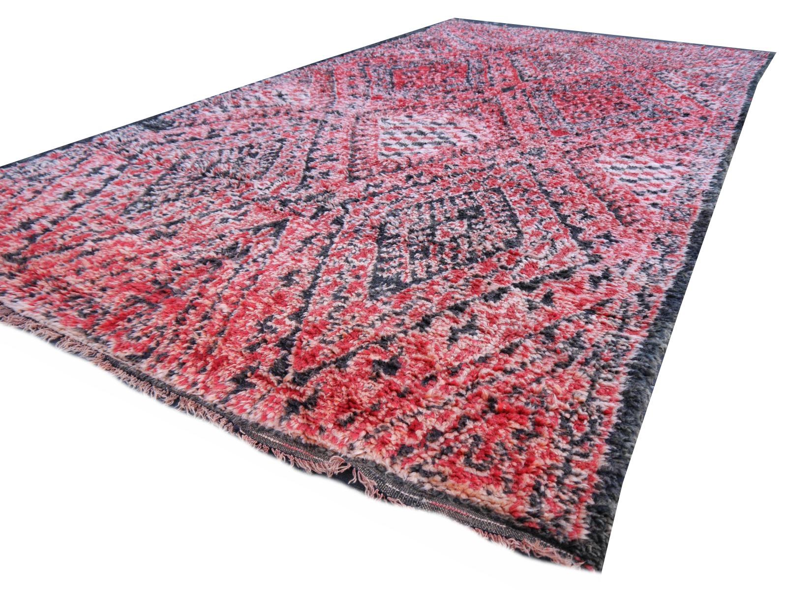 Tribal Moroccan Vintage Rug North African Diamond Design Wool Red Pink Charcoal White For Sale
