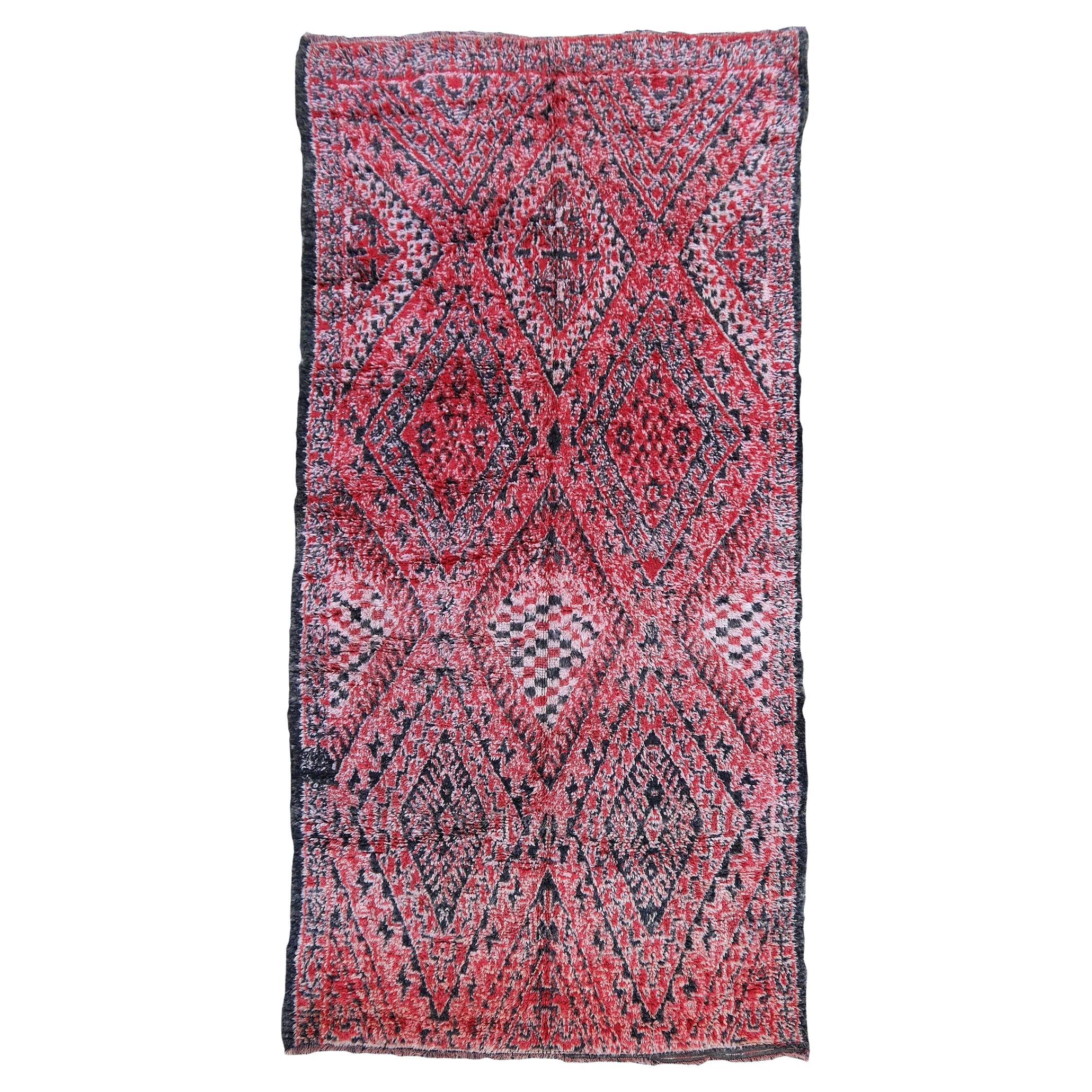 Moroccan Vintage Rug North African Diamond Design Wool Red Pink Charcoal White For Sale