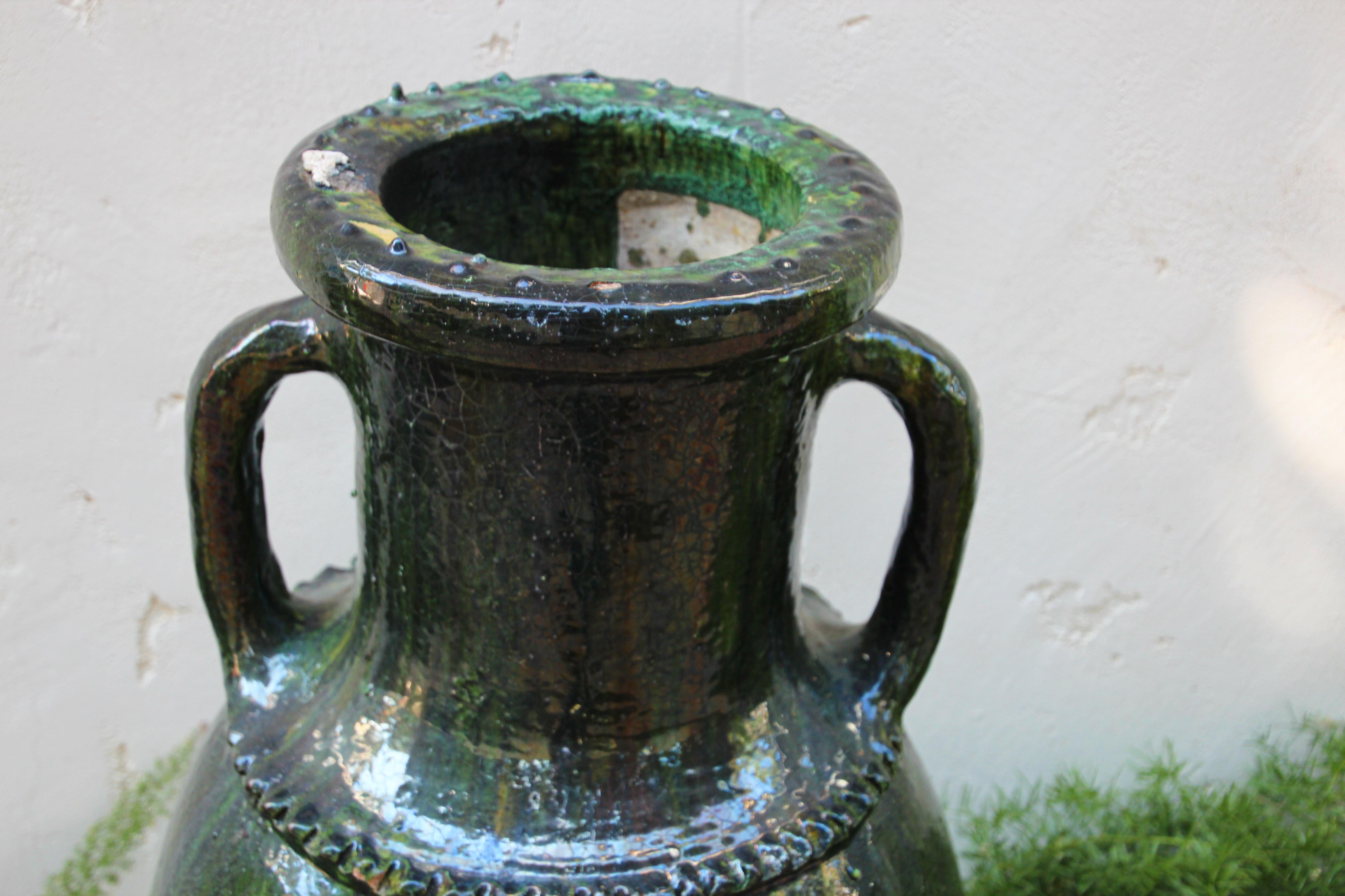 Moroccan Vintage Tamgroute Green Olive Jar with Handles For Sale 3