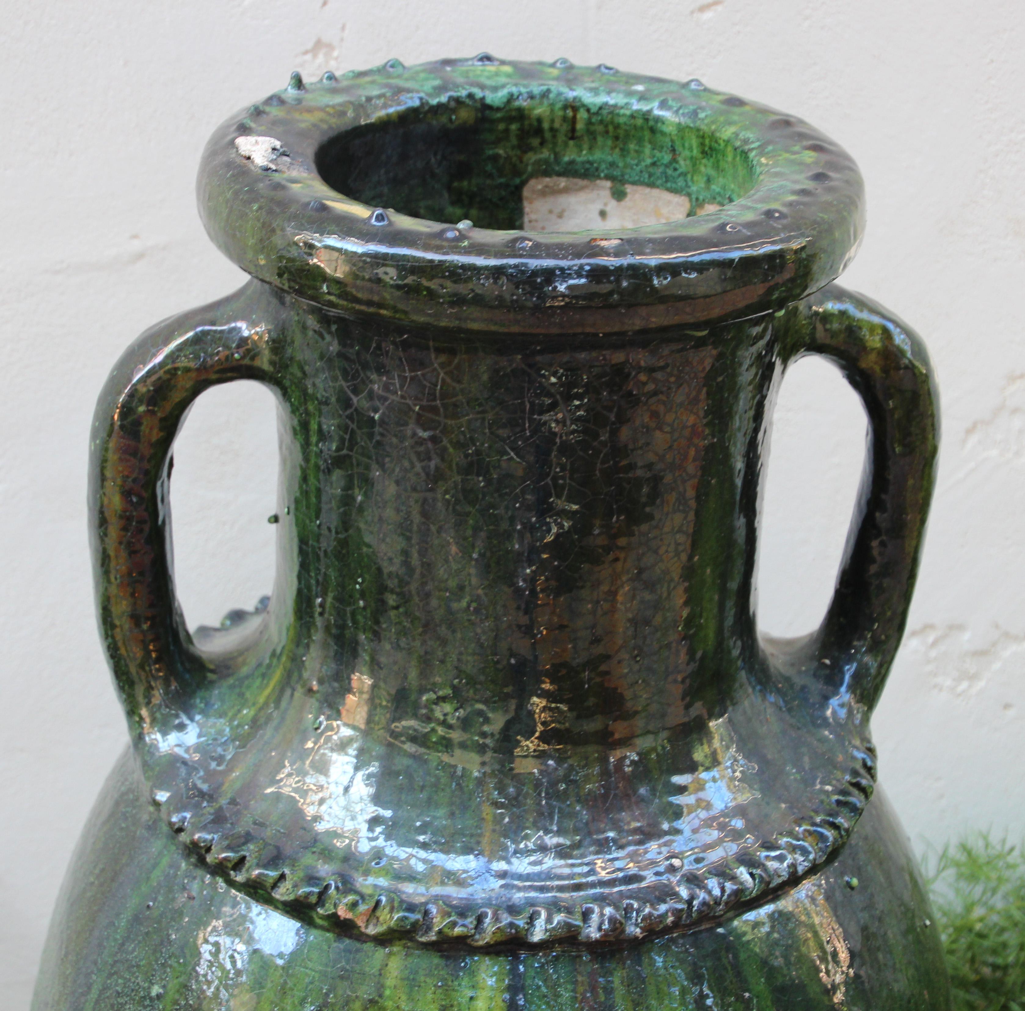 Tribal Moroccan Vintage Tamgroute Green Olive Jar with Handles For Sale