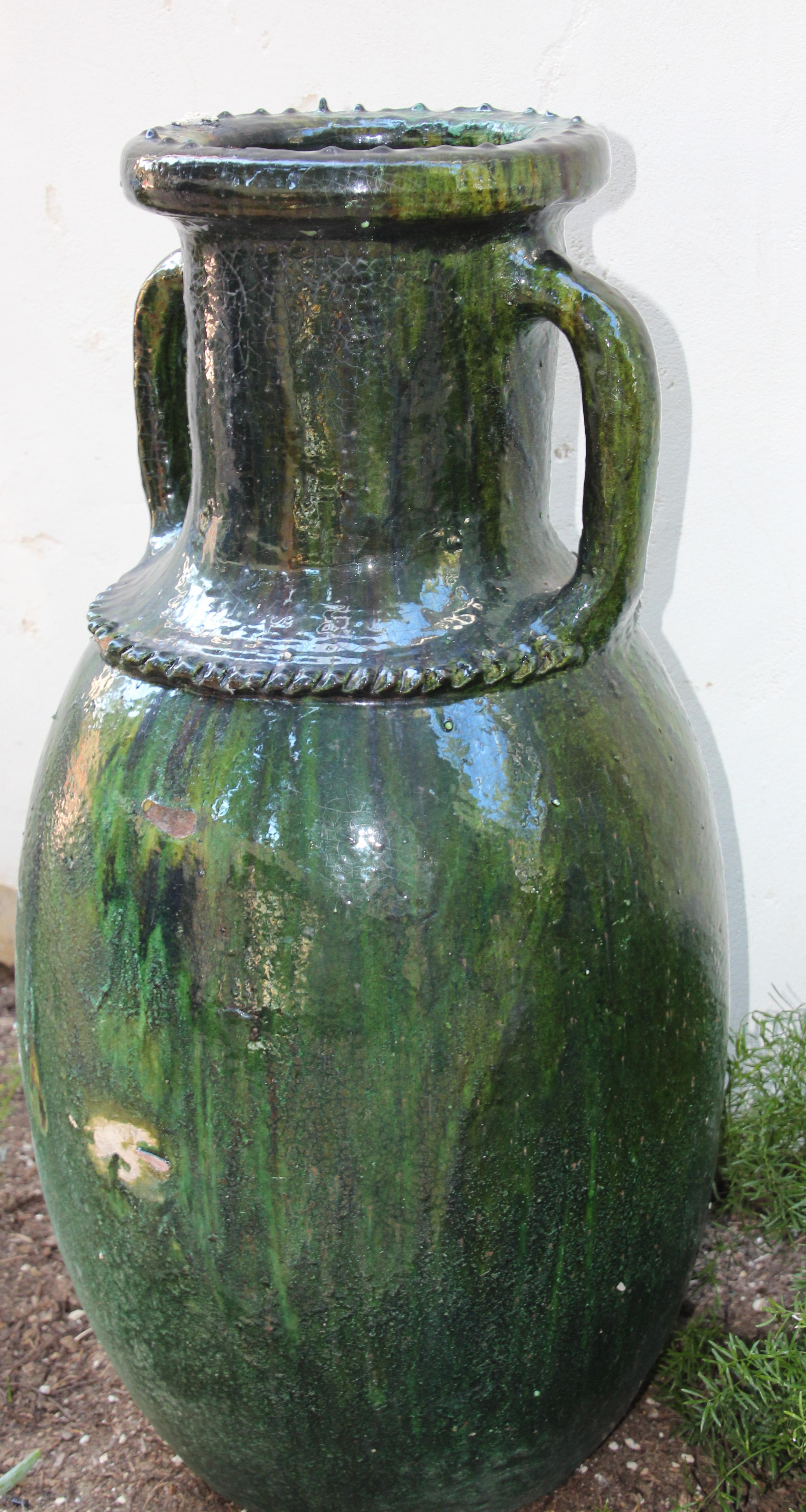 Glazed Moroccan Vintage Tamgroute Green Olive Jar with Handles For Sale