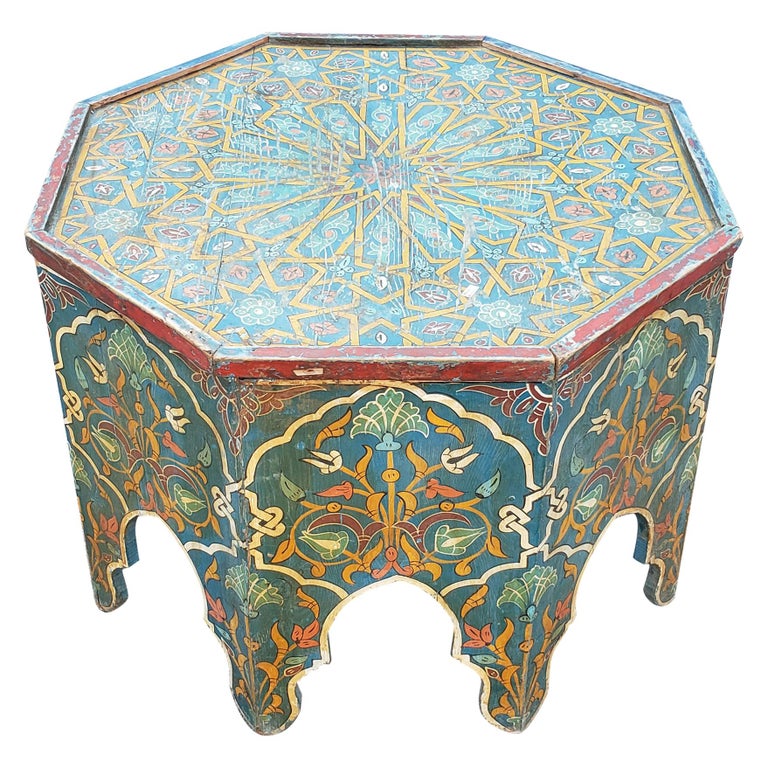Moroccan Vintage Wooden Coffee Table Hand Painted at 1stDibs