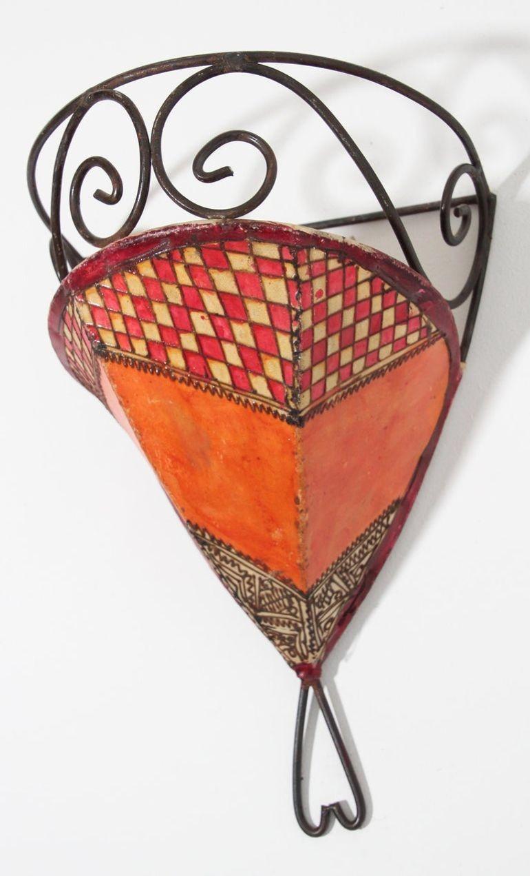 Moroccan Wall Sconce Iron and Hand Painted Parchment In Good Condition For Sale In North Hollywood, CA