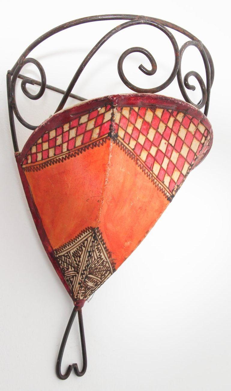 20th Century Moroccan Wall Sconce Iron and Hand Painted Parchment For Sale
