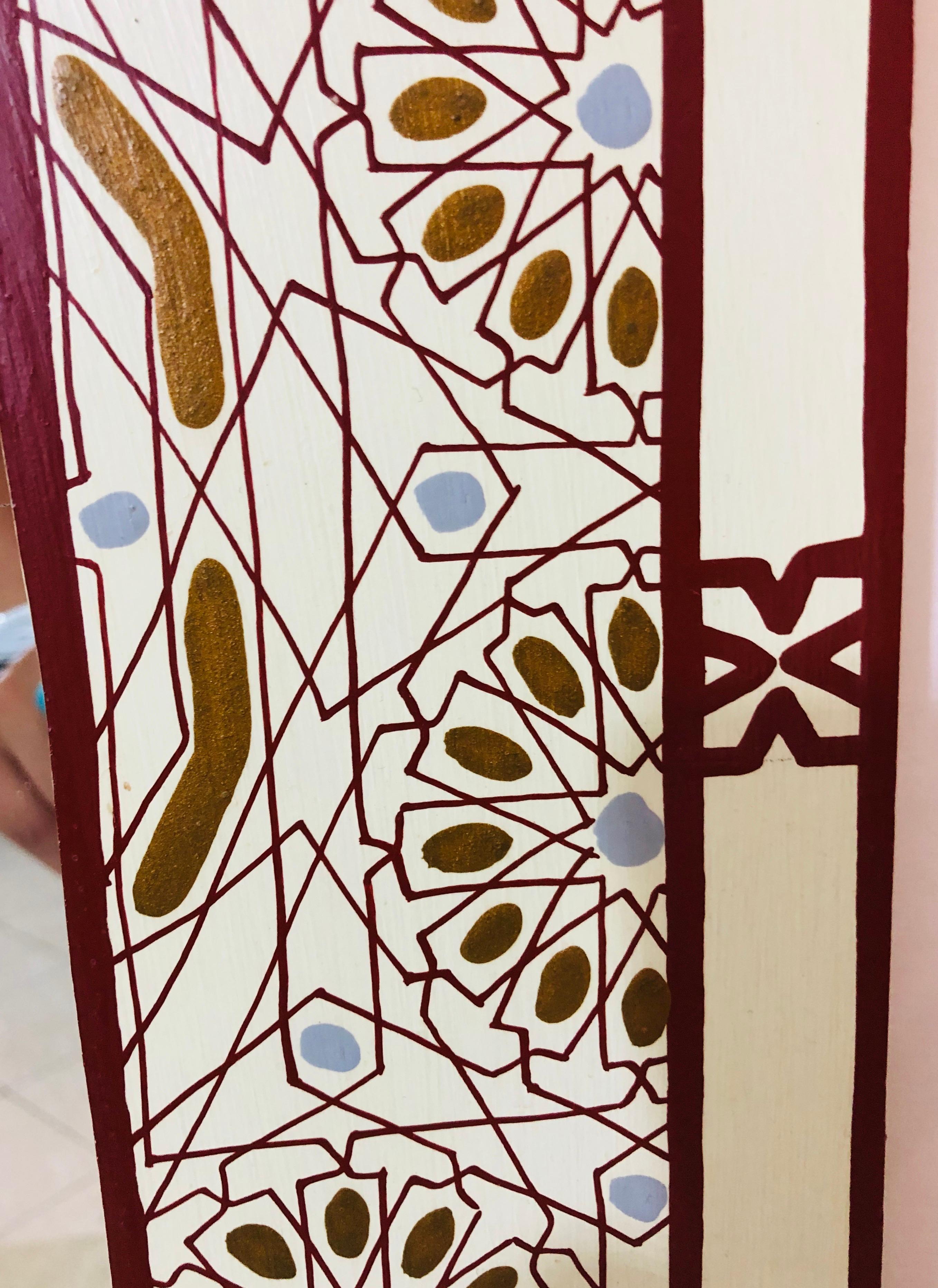 Wood Moroccan Wall, Vanity, Console Mirror, Hand Painted White, Burgundy and Gold
