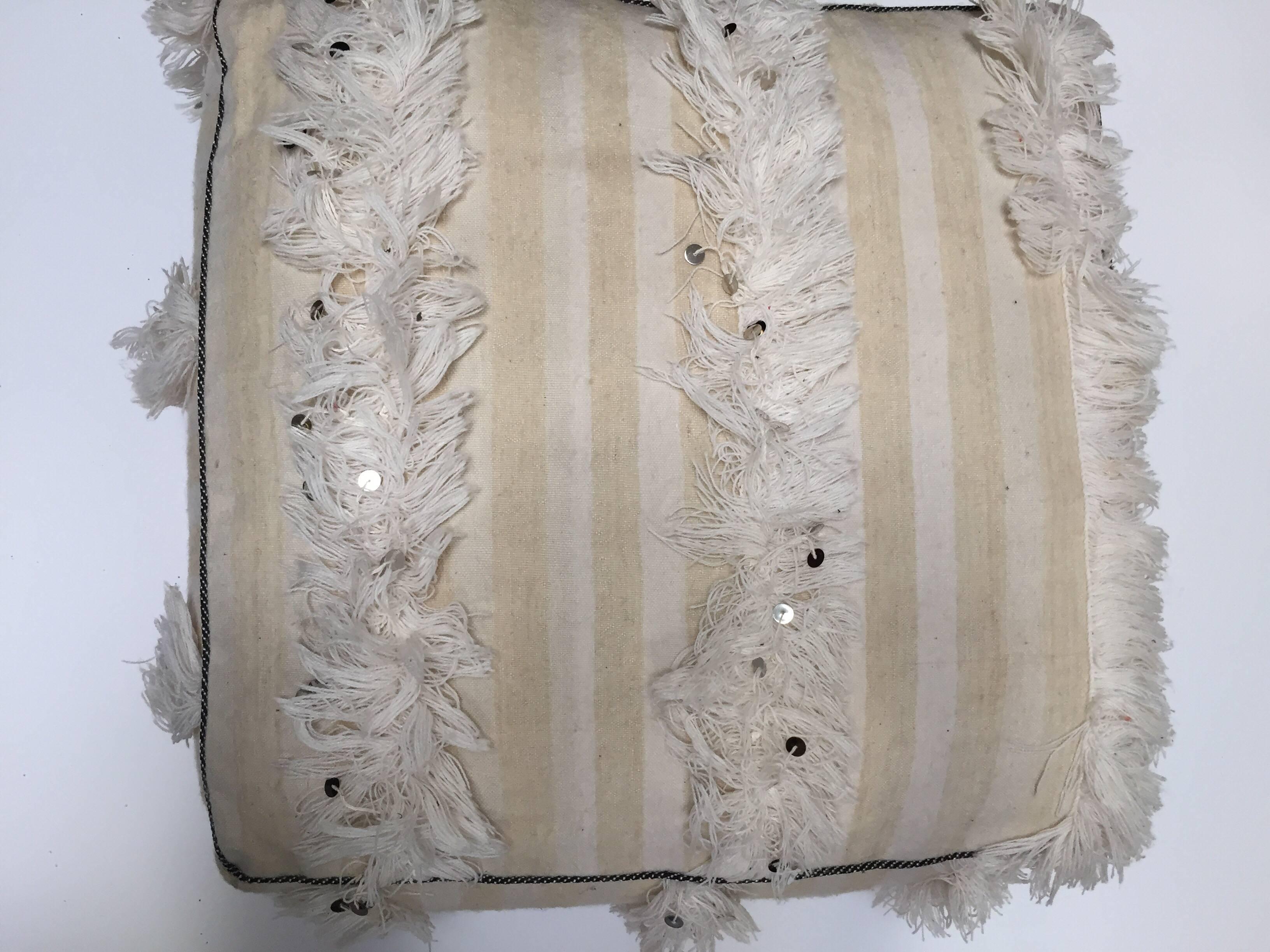Moroccan Wedding Floor Pillow Pouf with Silver Sequins and Long Fringes 1