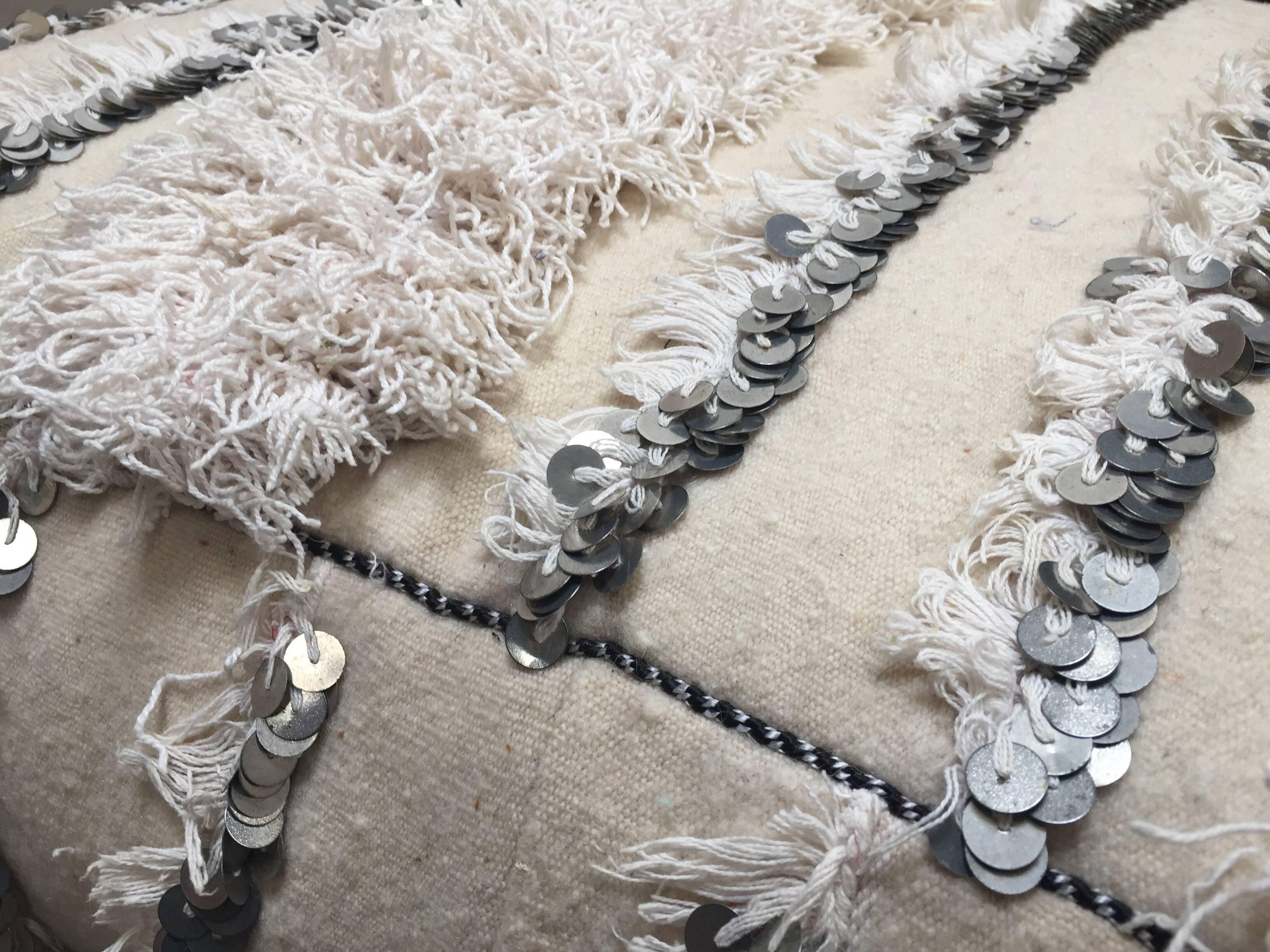 Moroccan Wedding Floor Pillow Pouf with Silver Sequins and Long Fringes 5