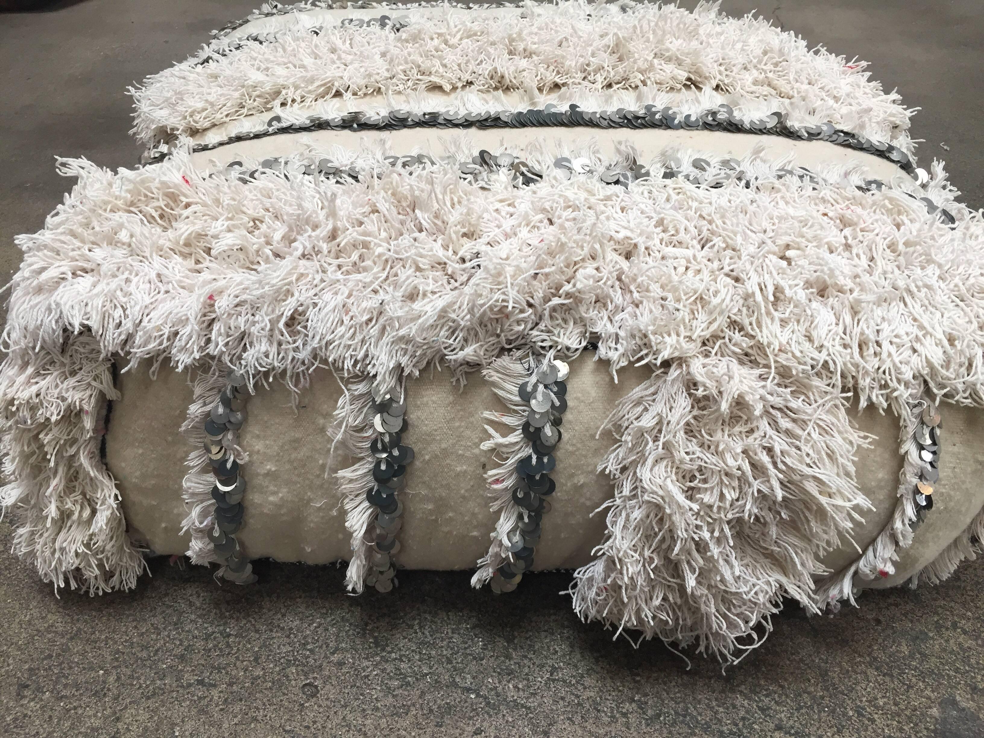 Moroccan Wedding Floor Pillow Pouf with Silver Sequins and Long Fringes 6