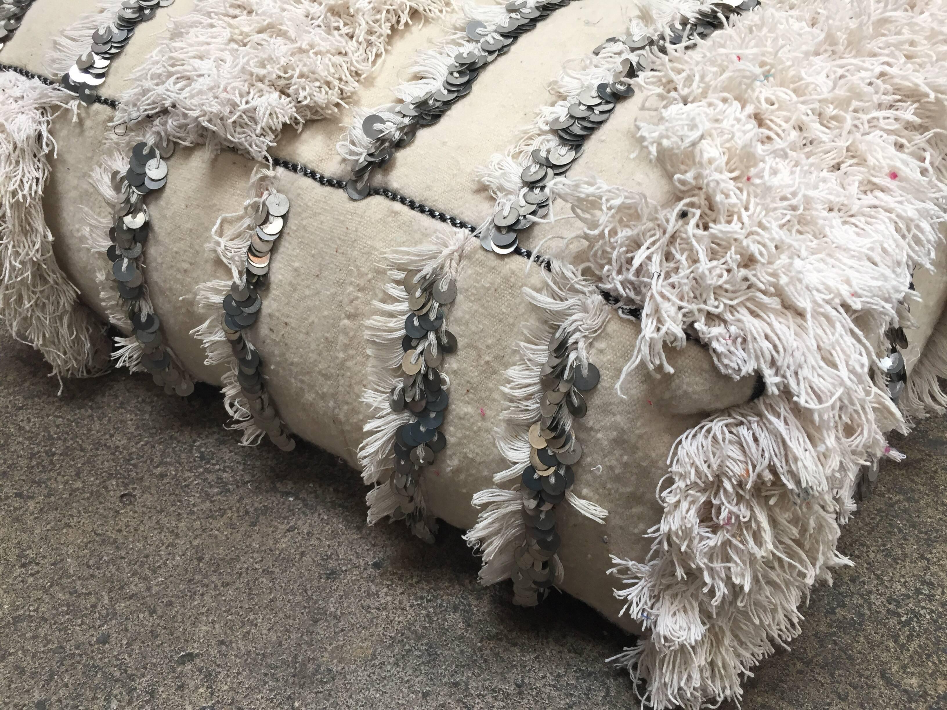 Moroccan Wedding Floor Pillow Pouf with Silver Sequins and Long Fringes 7