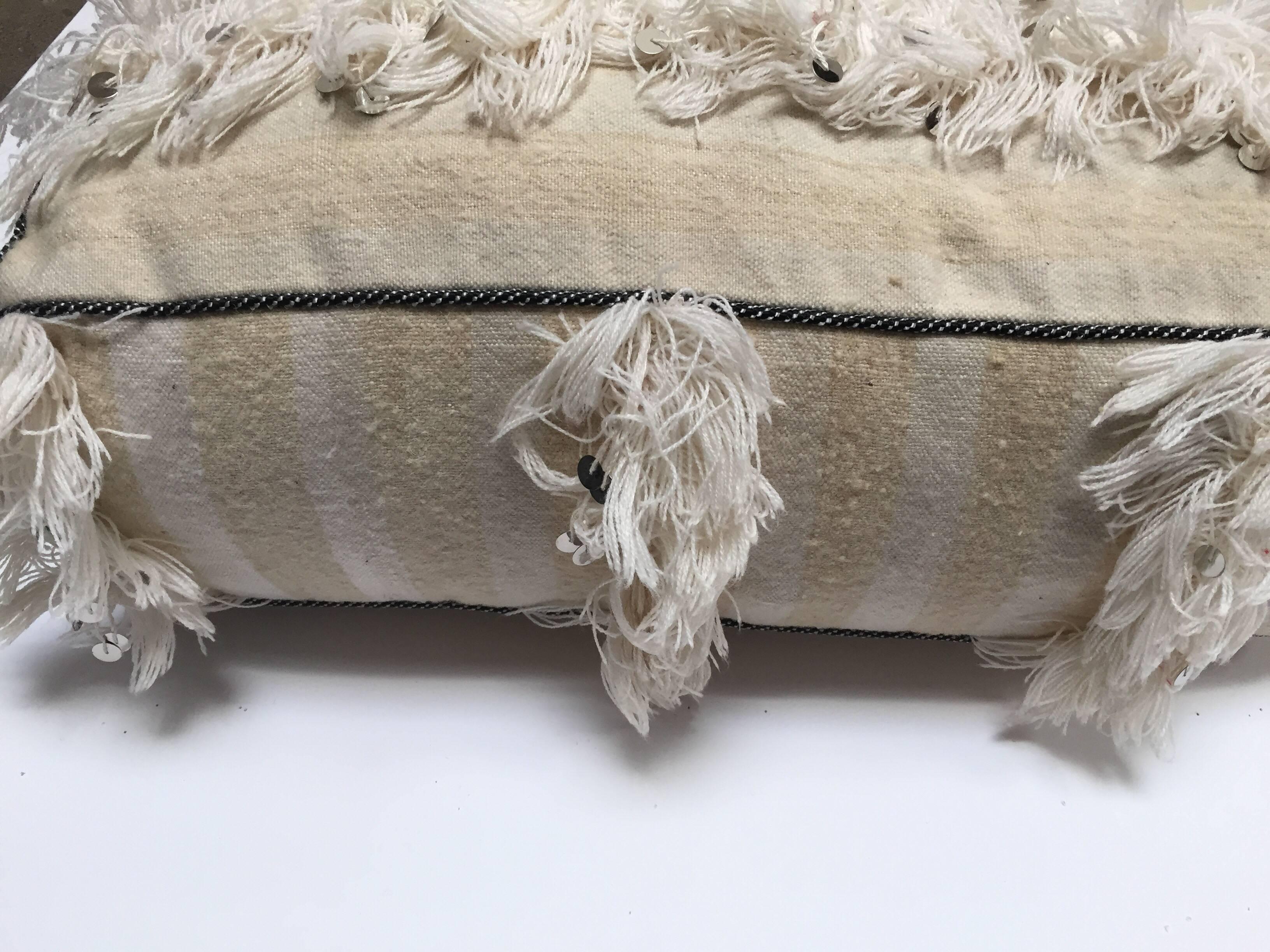 Moroccan Wedding Floor Pillow Pouf with Silver Sequins and Long Fringes 6