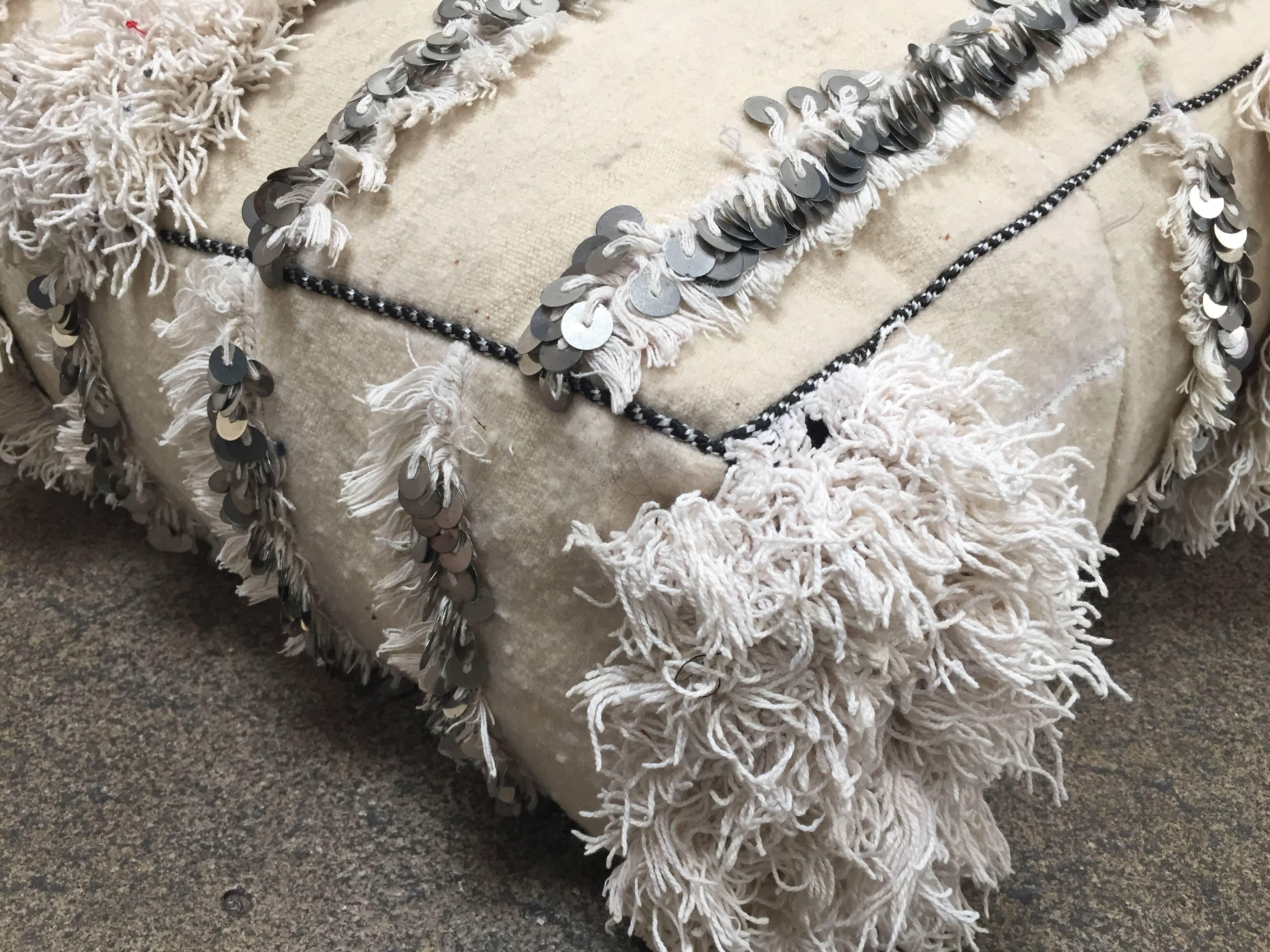 Moroccan Wedding Floor Pillow Pouf with Silver Sequins and Long Fringes 8