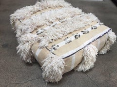 Moroccan Wedding Floor Pillow Pouf with Silver Sequins and Long Fringes