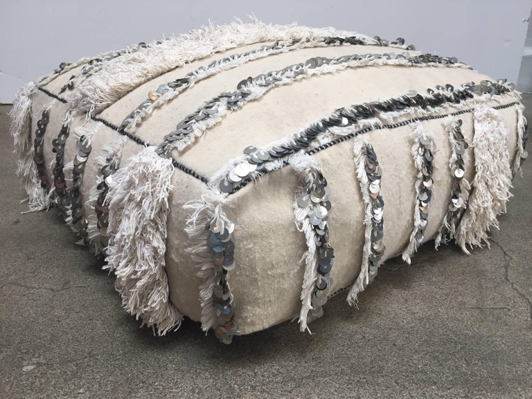 Moroccan Wedding Floor Pillow Pouf With Silver Sequins And Long