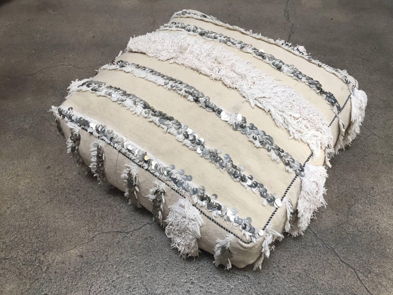 Moroccan Wedding Floor Pillow Pouf With Silver Sequins And Long