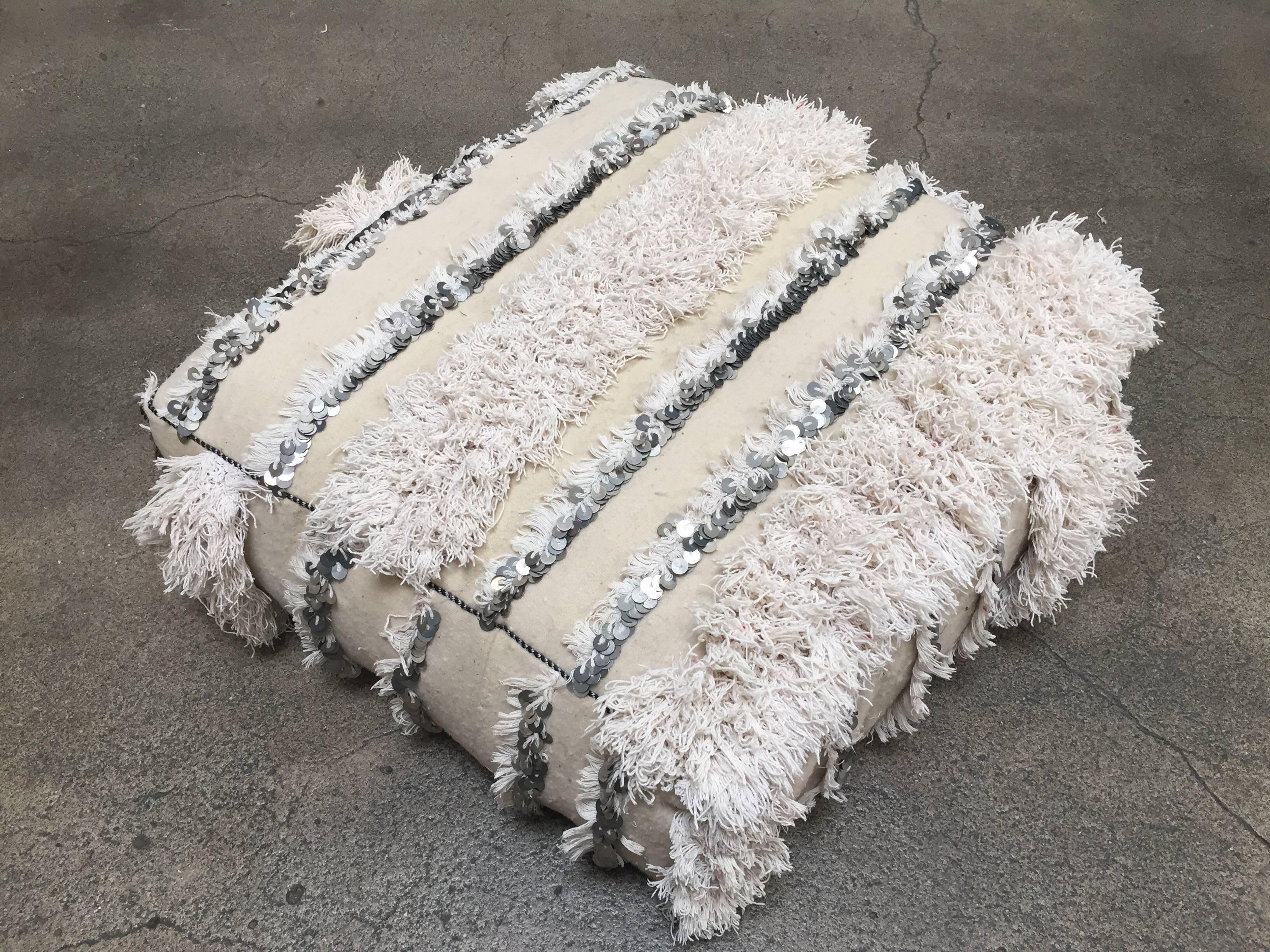 Hand-Crafted Moroccan Wedding Floor Pillow Pouf with Silver Sequins and Long Fringes