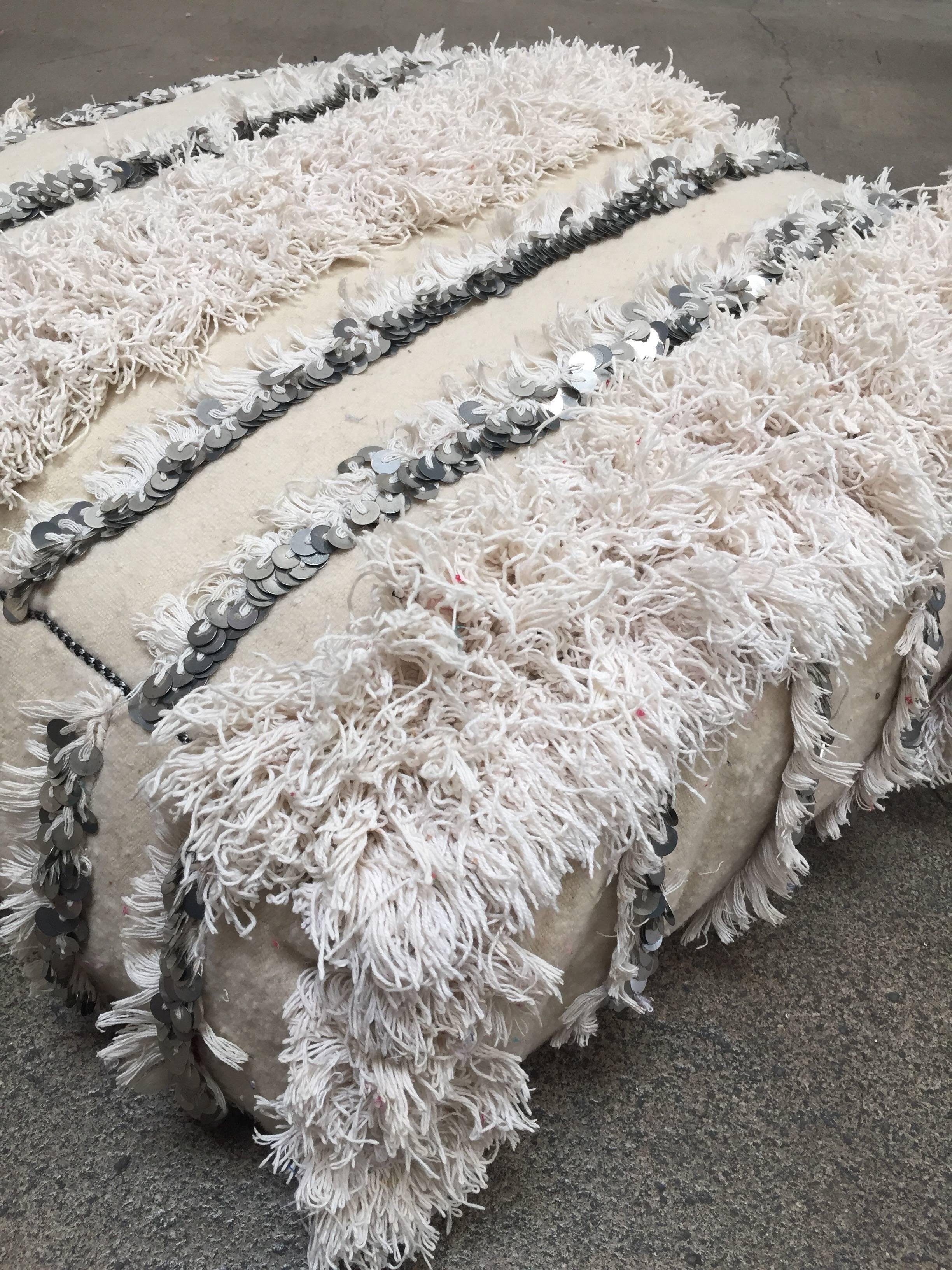 Moroccan Wedding Floor Pillow Pouf with Silver Sequins and Long Fringes In Good Condition In North Hollywood, CA