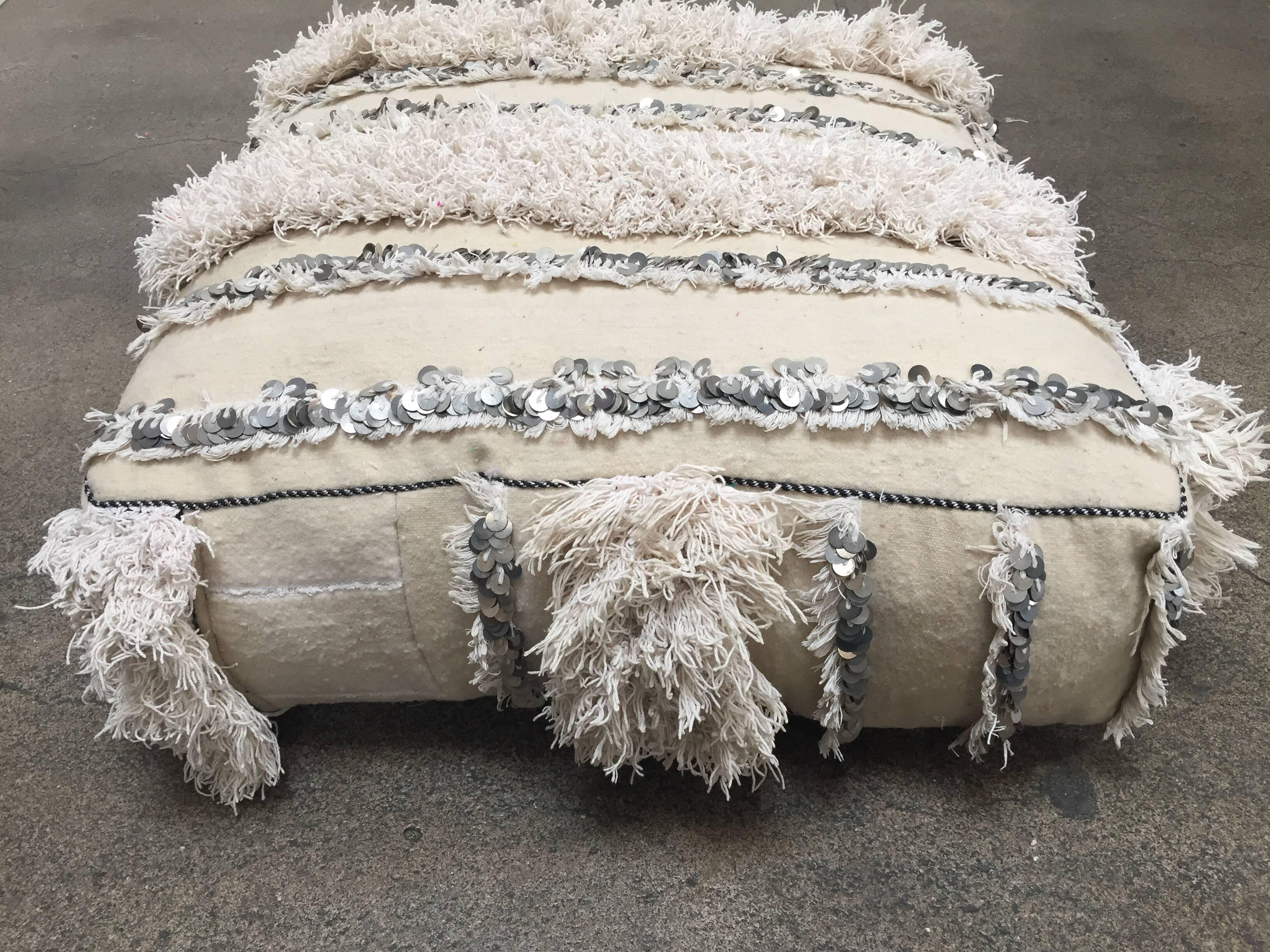 20th Century Moroccan Wedding Floor Pillow Pouf with Silver Sequins and Long Fringes