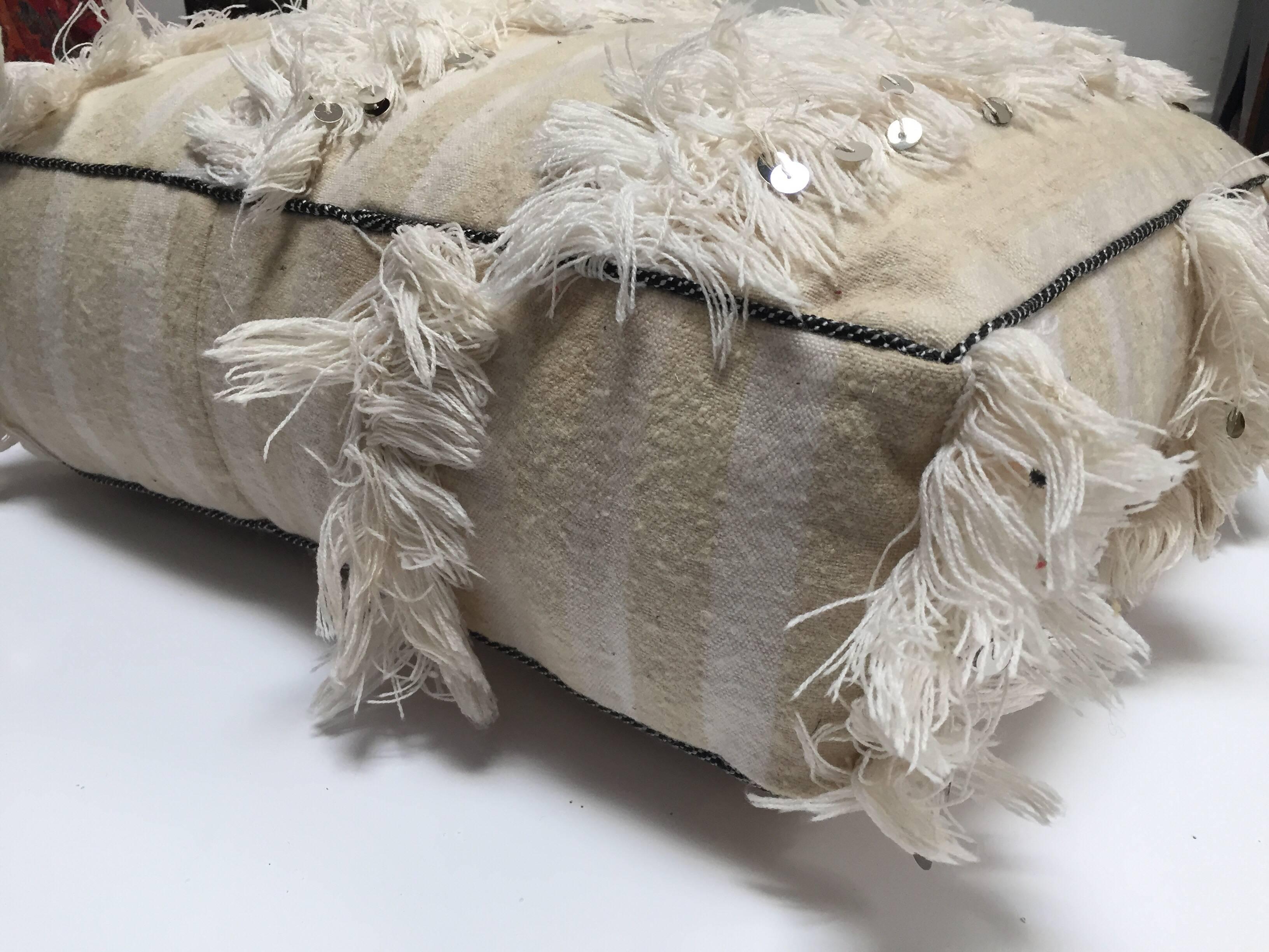 Moroccan Wedding Floor Pillow Pouf with Silver Sequins and Long Fringes In Good Condition In North Hollywood, CA