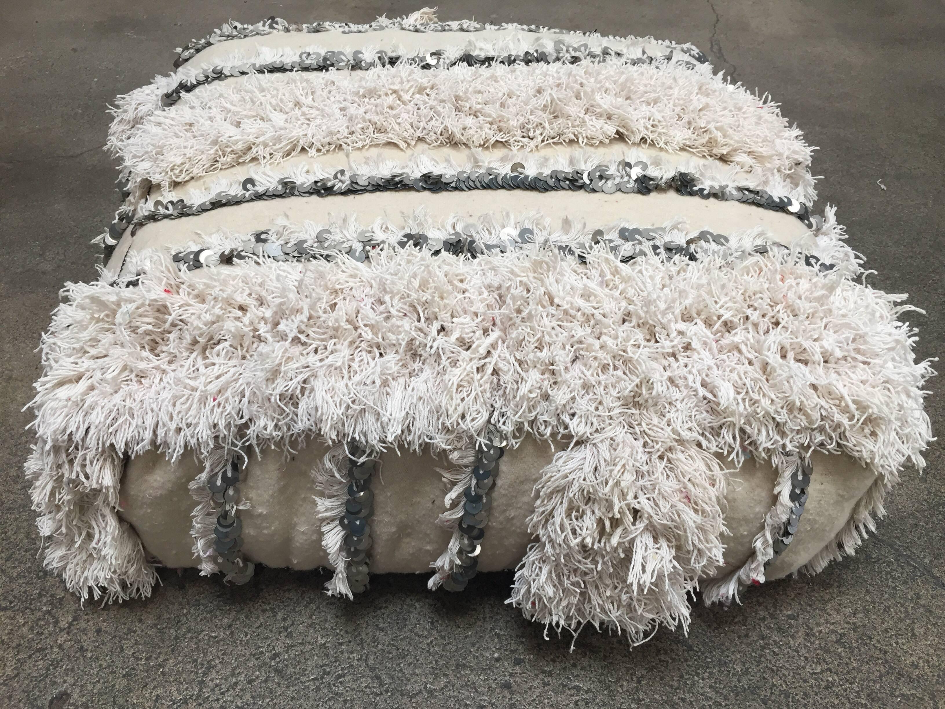 Wool Moroccan Wedding Floor Pillow Pouf with Silver Sequins and Long Fringes