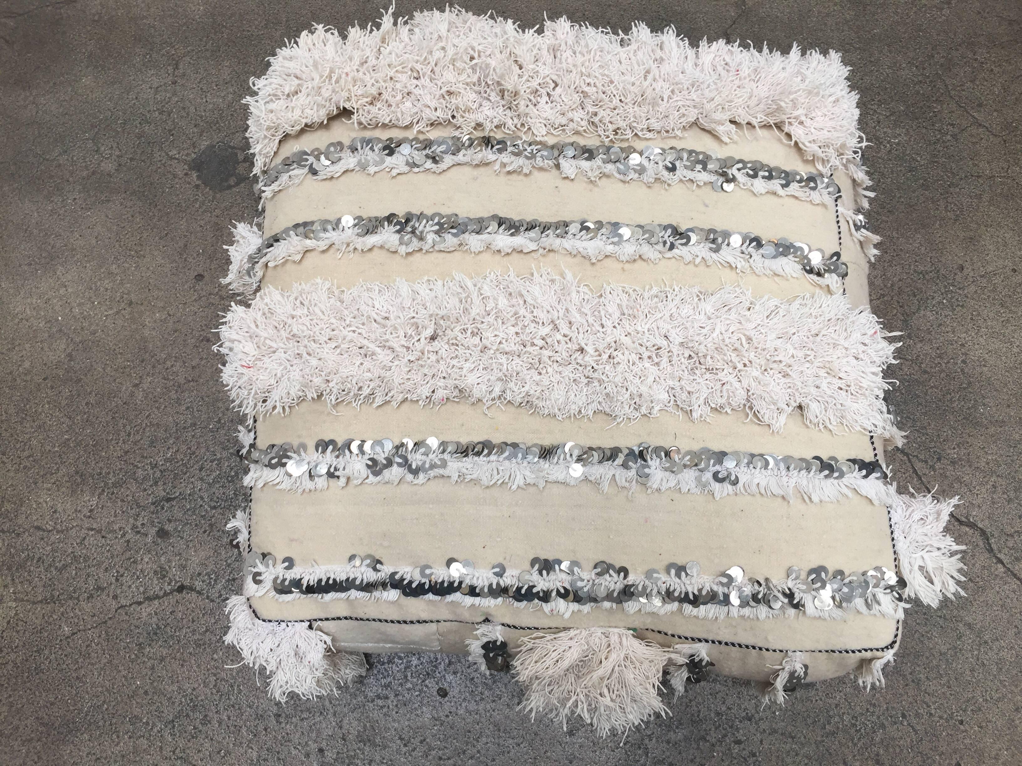 Moroccan Wedding Floor Pillow Pouf with Silver Sequins and Long Fringes 1