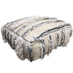 Used Moroccan Wedding Floor Pillow Pouf with Silver Sequins and Long Fringes