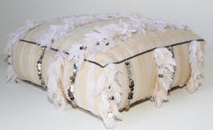 Moroccan White Floor Pillow with Silver Sequins and Long Fringes