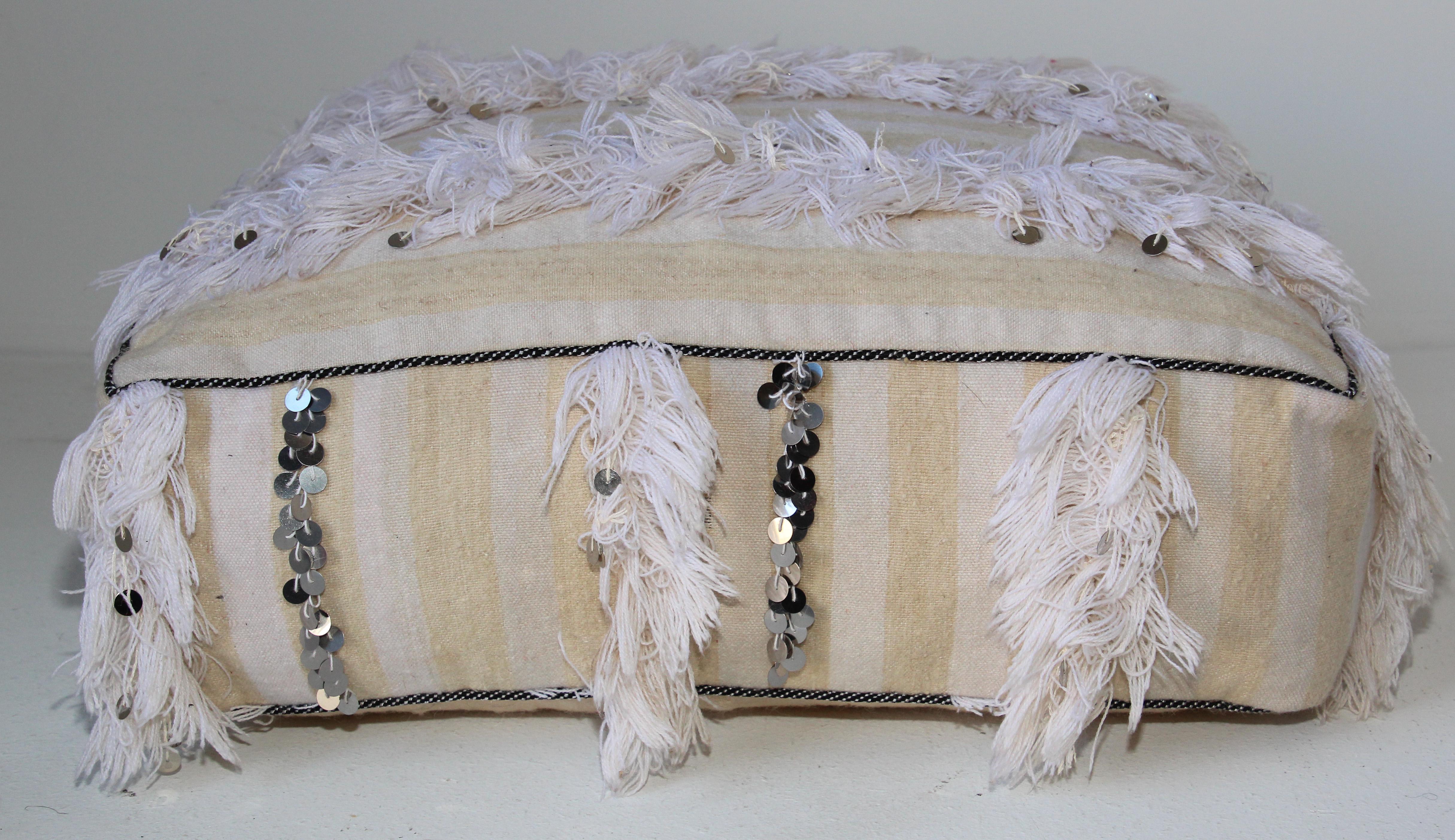 Hand-Crafted Moroccan White Floor Pillow with Silver Sequins and Long Fringes