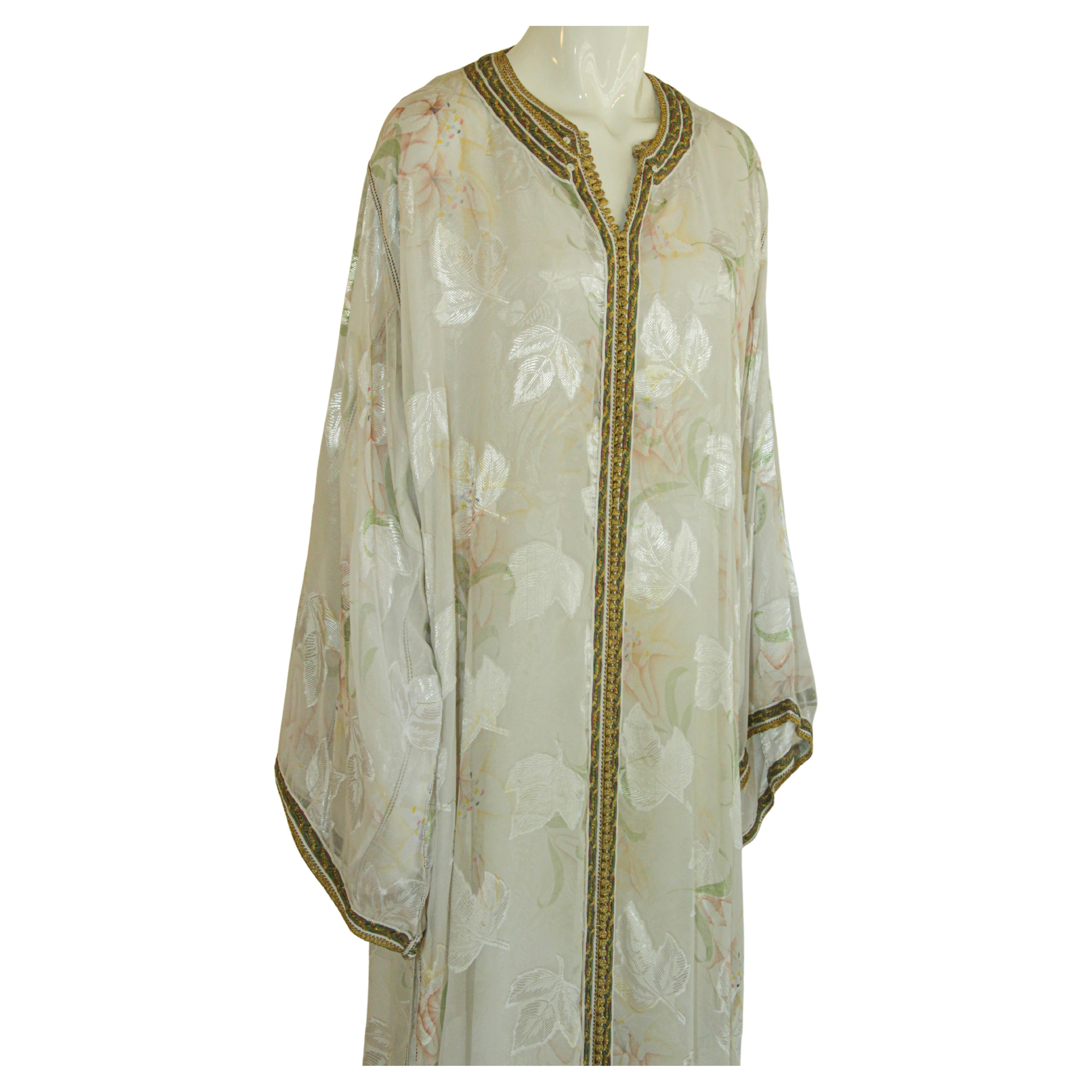 Brown Moroccan White Floral Caftan Set For Sale