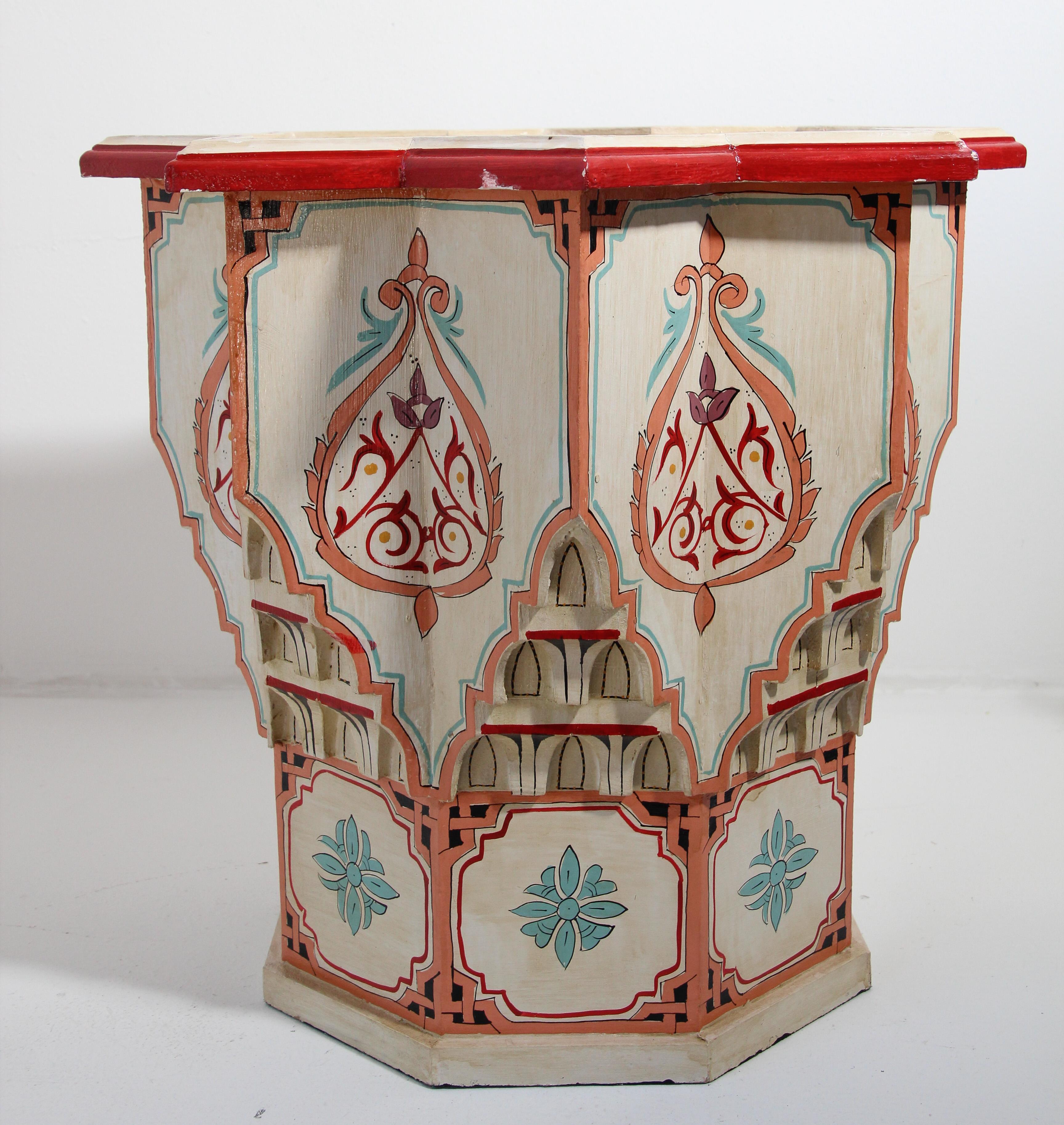 Hand-Painted Moroccan Side Table in White Hand Painted Moorish Design