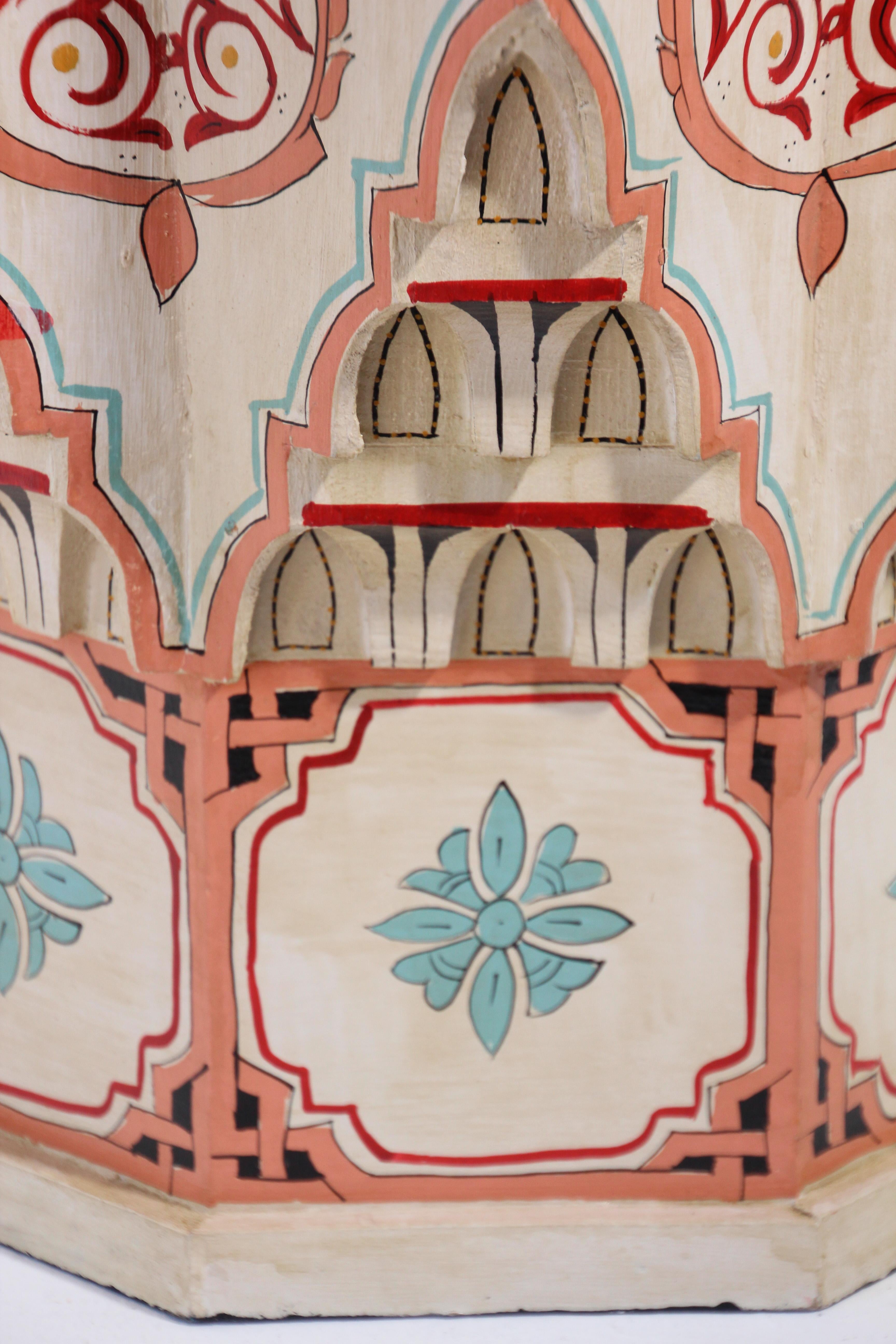 Wood Moroccan Side Table in White Hand Painted Moorish Design