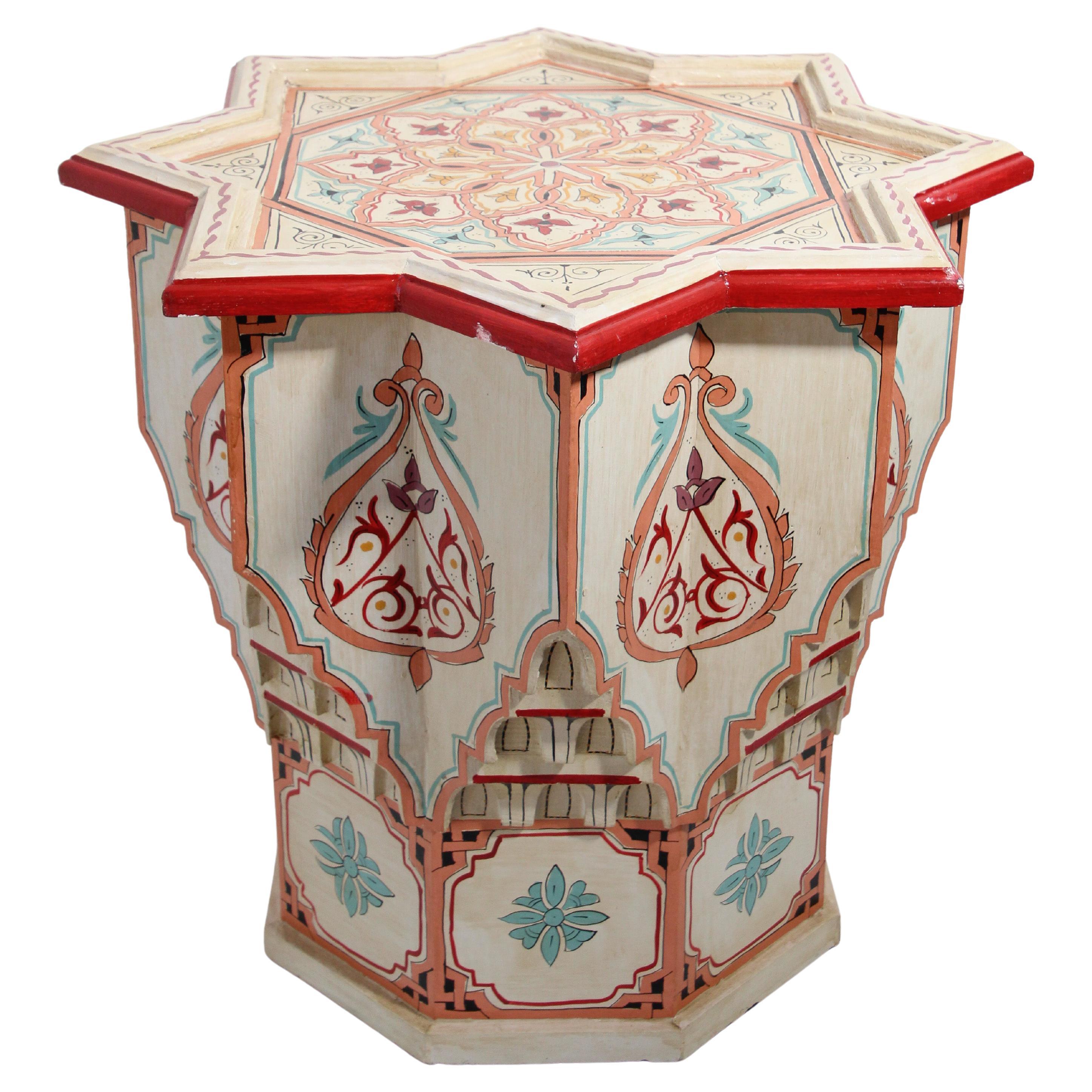 Moroccan Side Table in White Hand Painted Moorish Design
