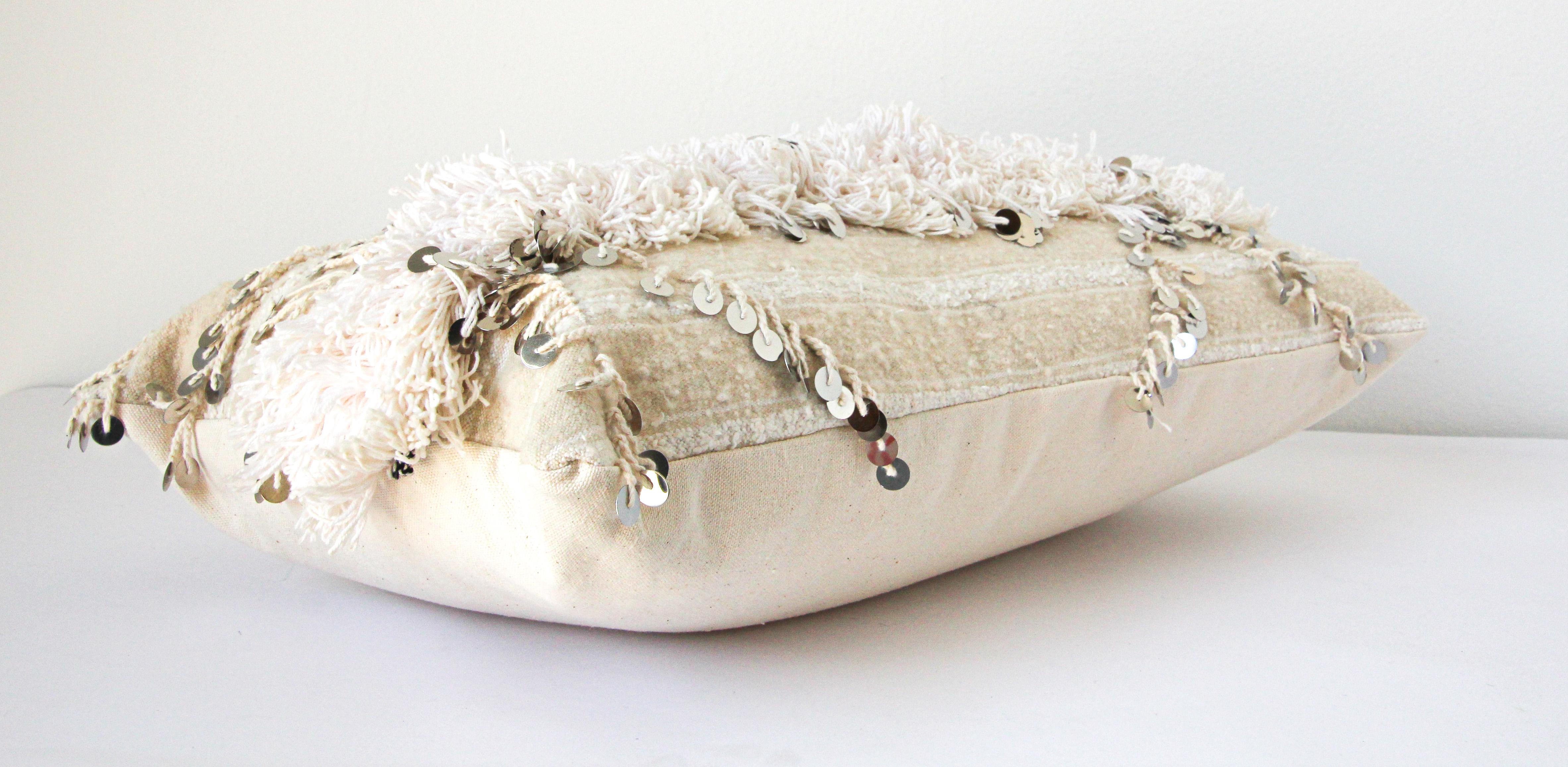 Moroccan White Tribal Pillows with Silver Sequins and Long Fringes 3