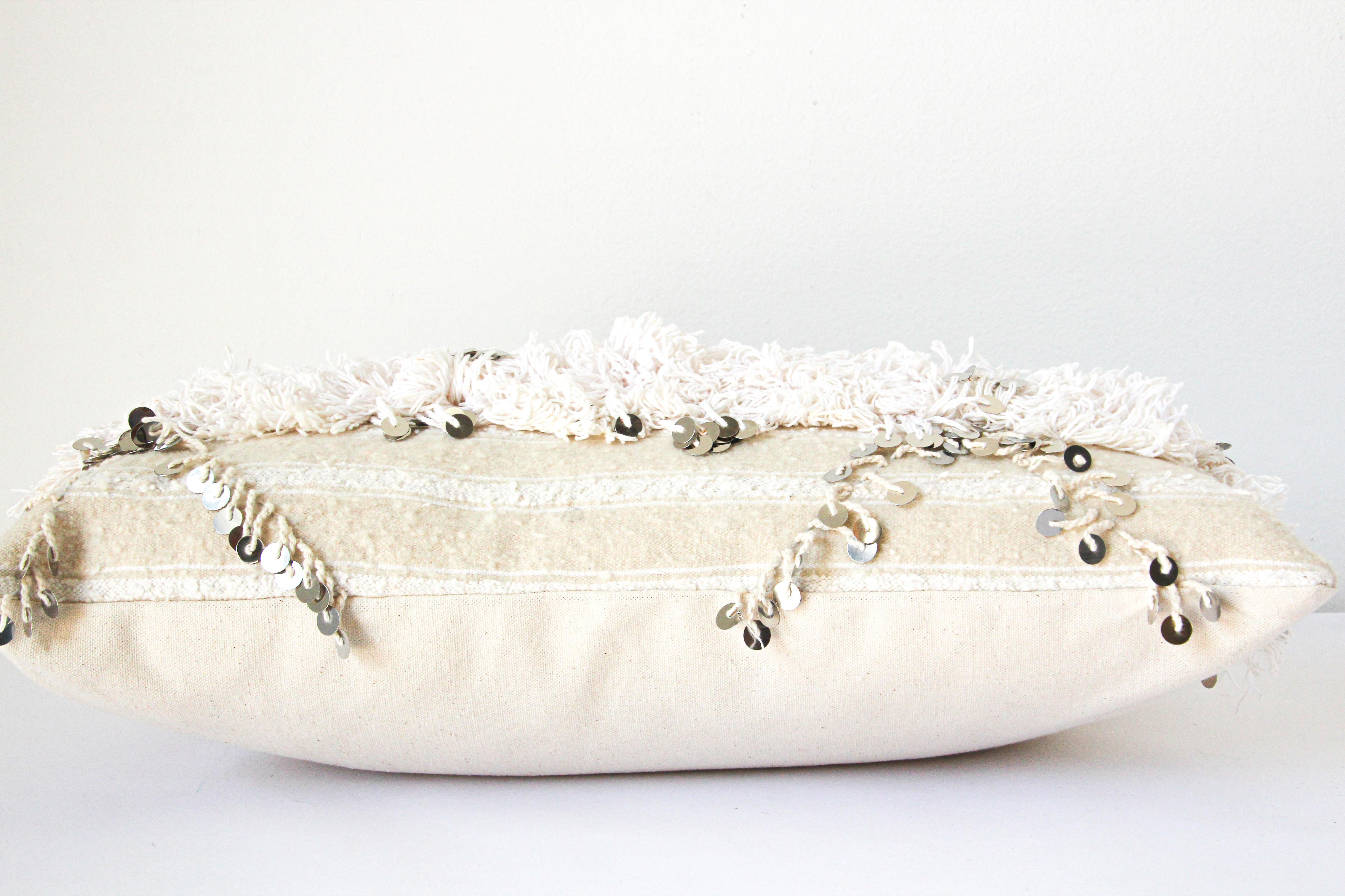 Moroccan White Tribal Pillows with Silver Sequins and Long Fringes 4