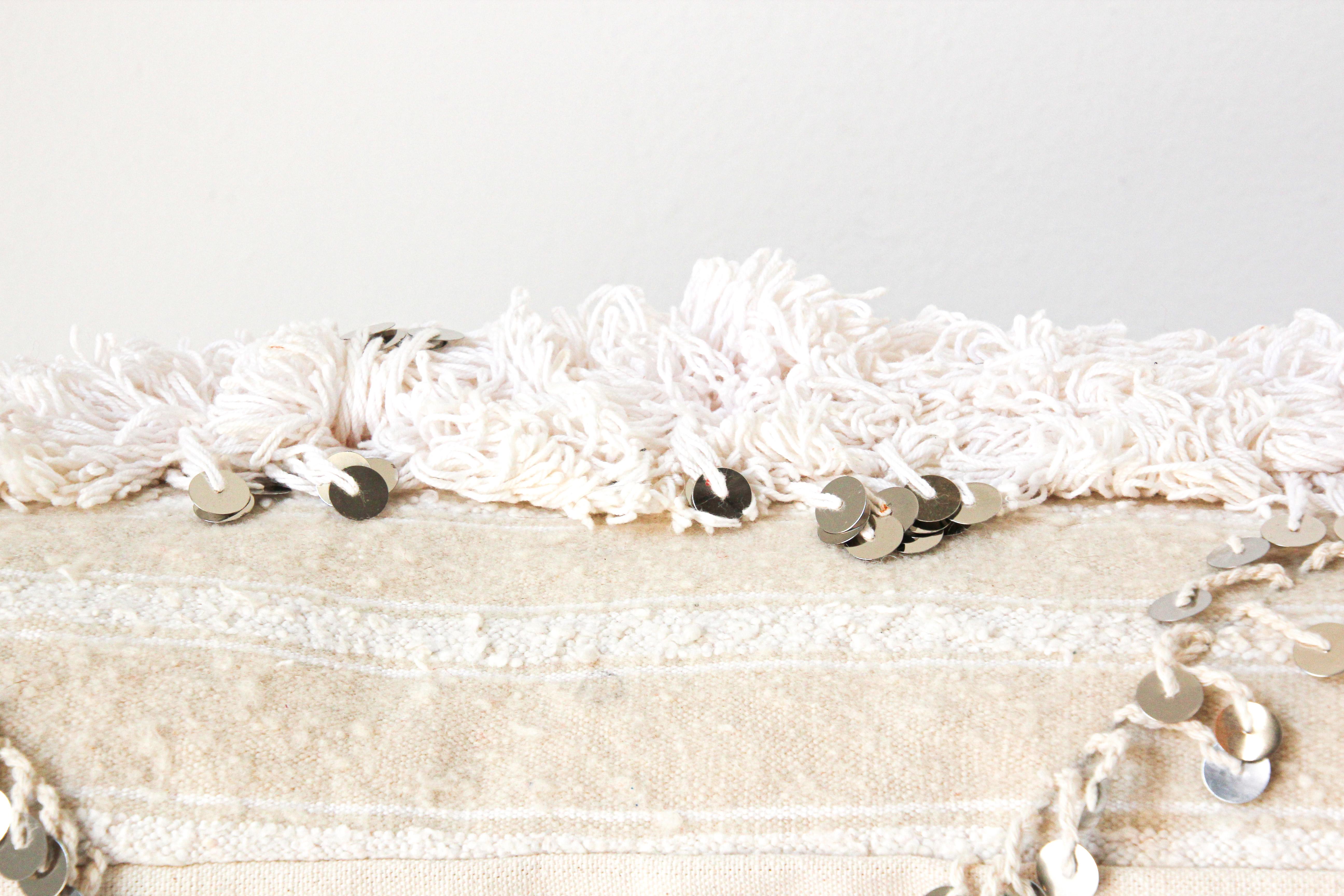 Moroccan White Tribal Pillows with Silver Sequins and Long Fringes 5