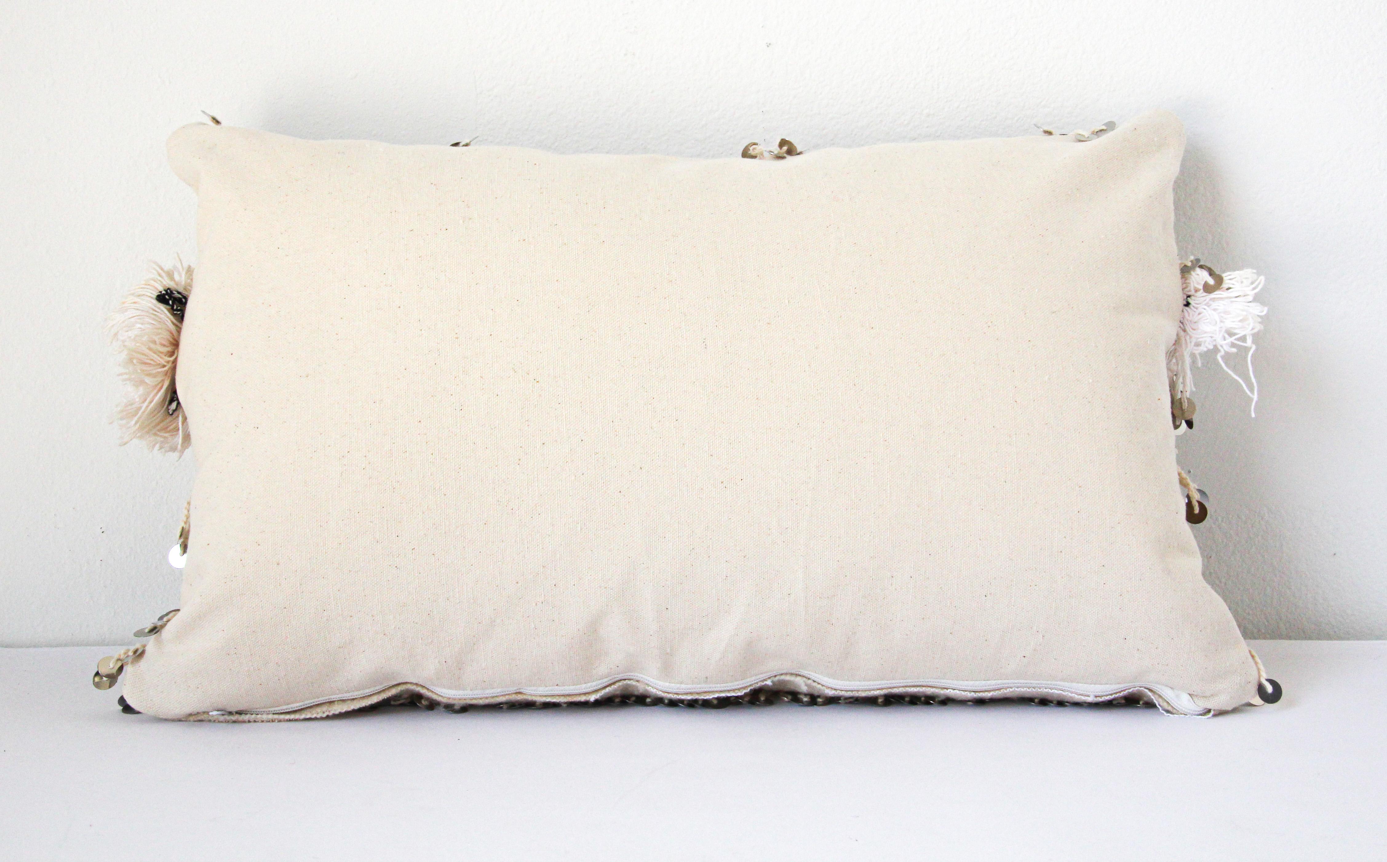 Moroccan White Tribal Pillows with Silver Sequins and Long Fringes 7