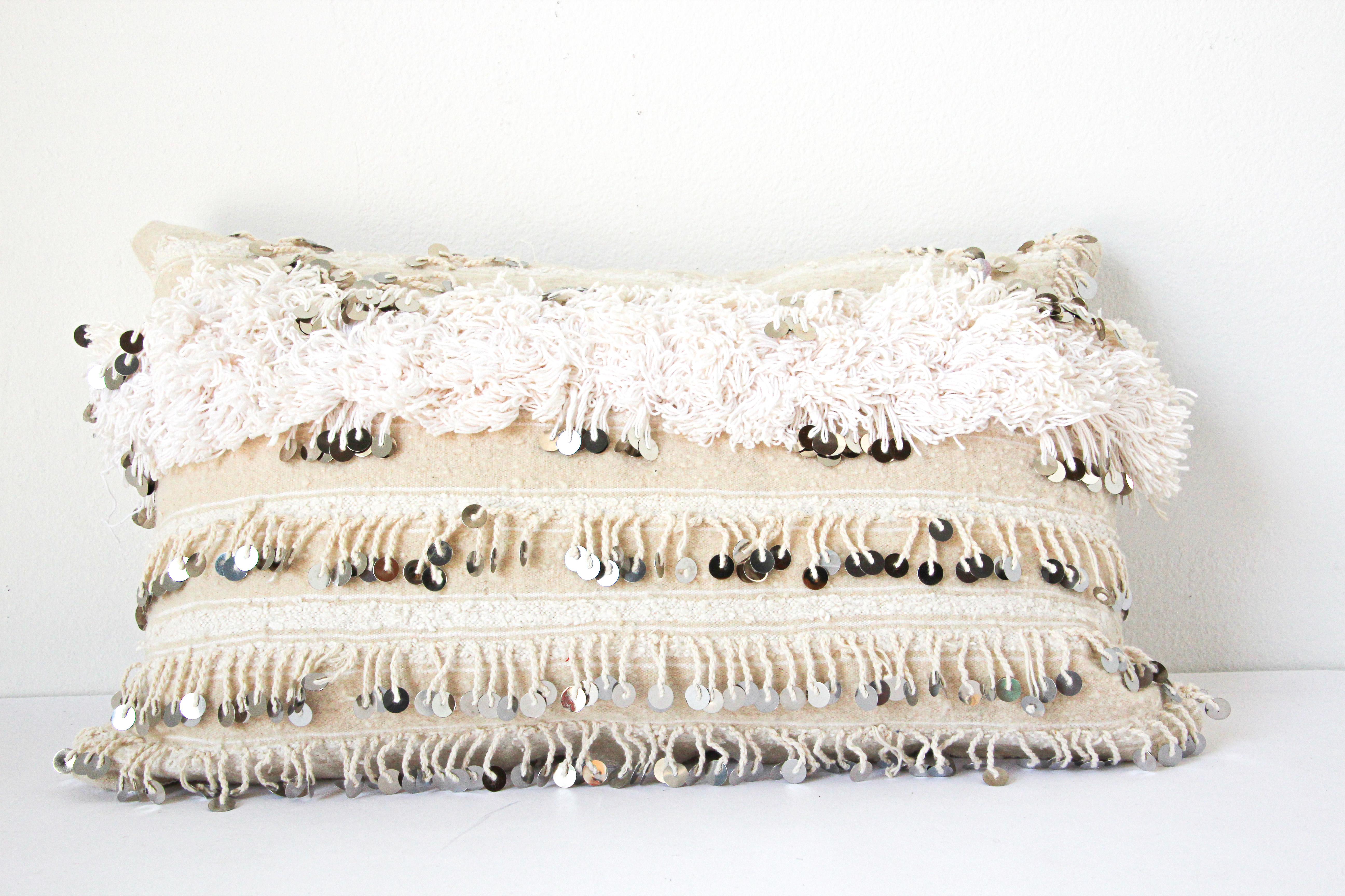 Folk Art Moroccan White Tribal Pillows with Silver Sequins and Long Fringes