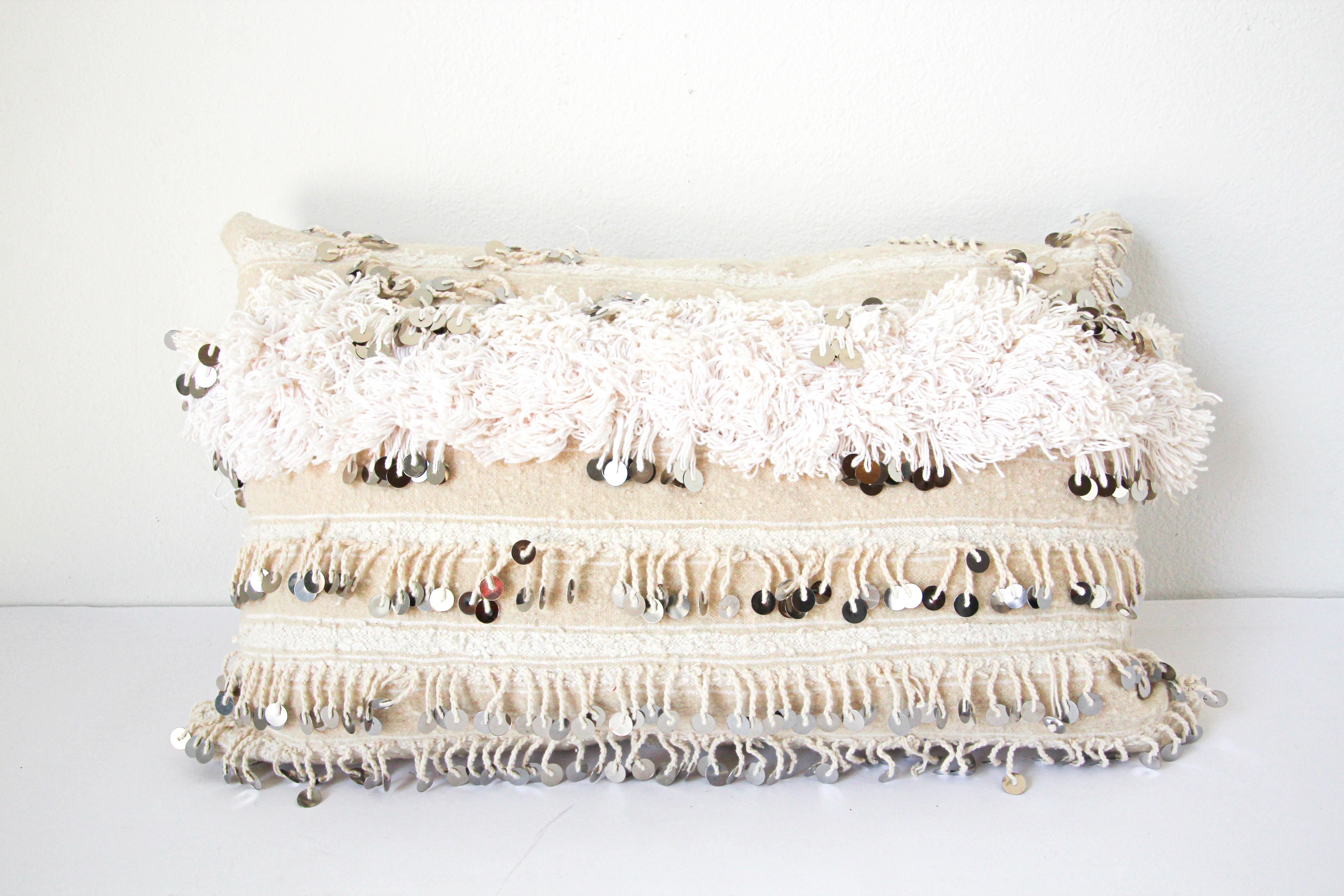 Hand-Woven Moroccan White Tribal Pillows with Silver Sequins and Long Fringes