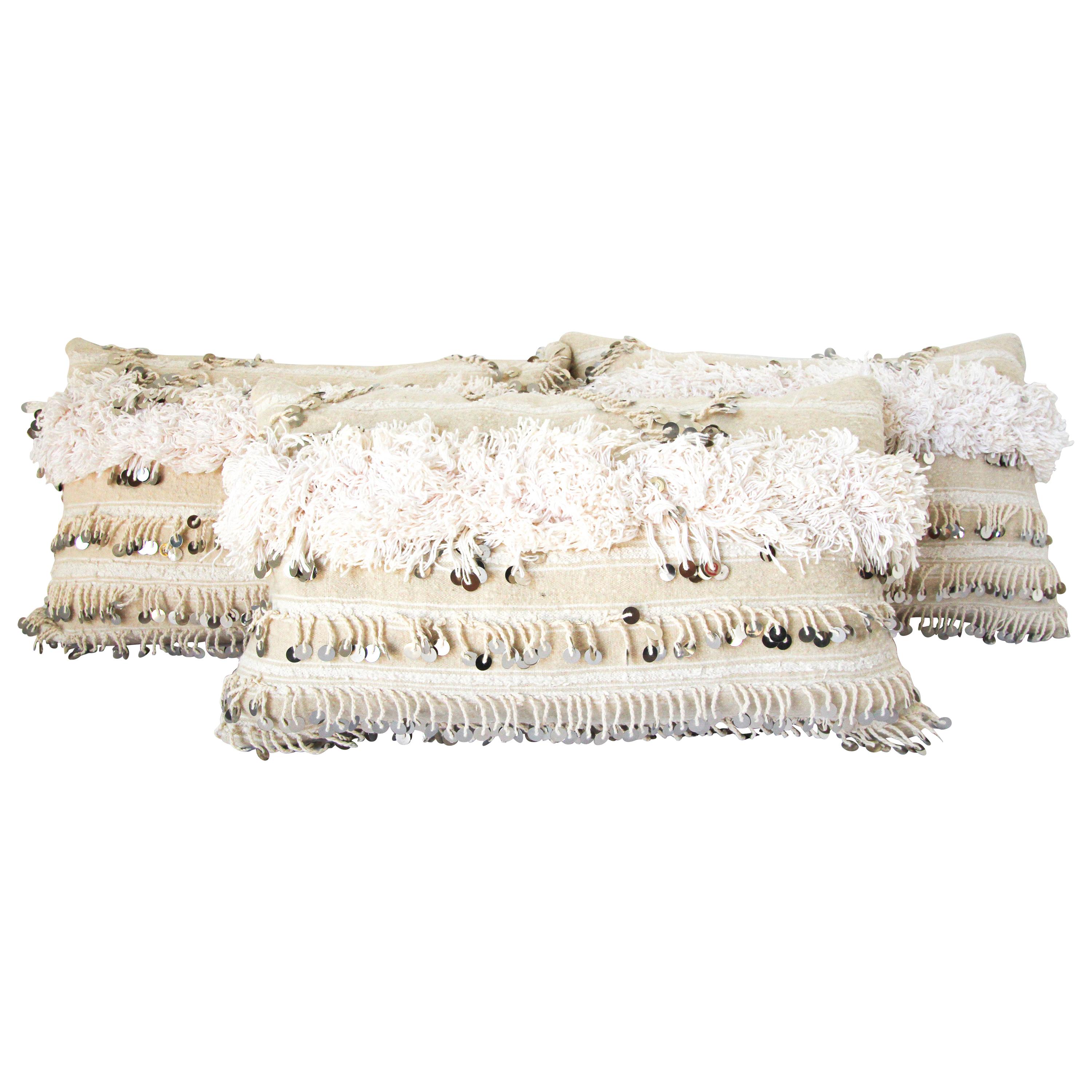 Moroccan White Tribal Pillows with Silver Sequins and Long Fringes