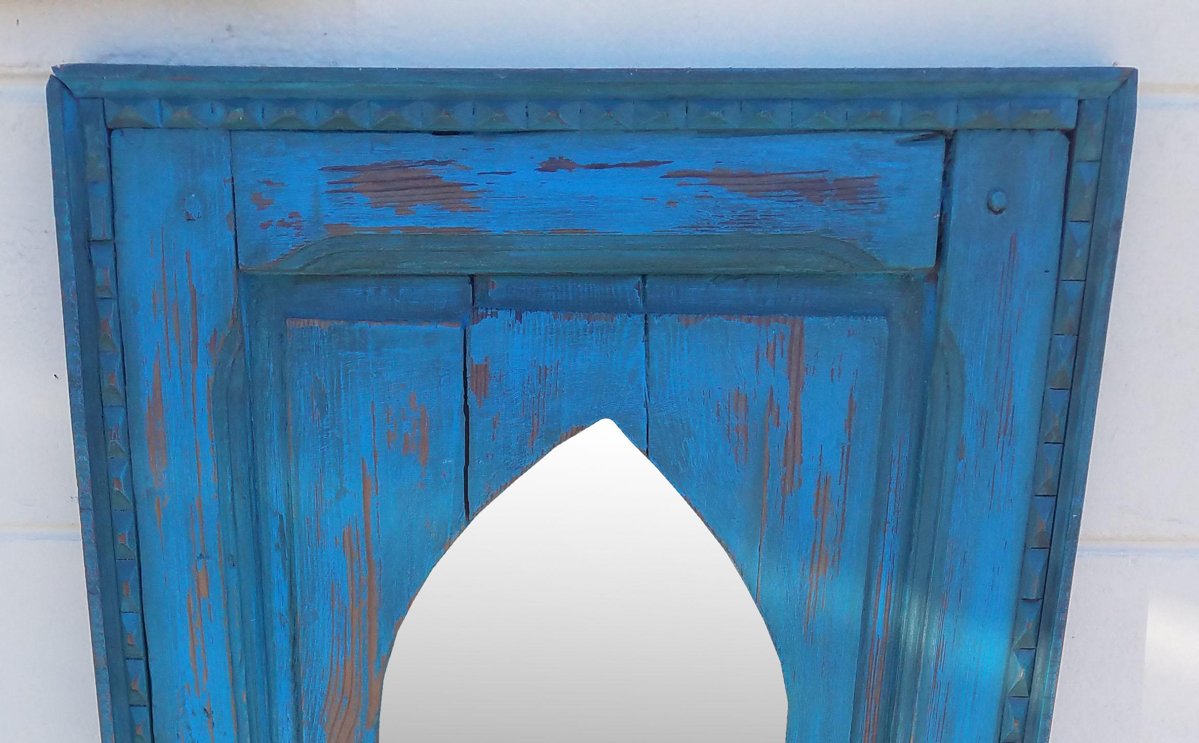 Color: Blue.
Aged / white washed Moroccan cedar wood frame measuring 48” in height, 19” in width, and 2