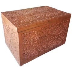 Vintage Moroccan Wooden Cedar Trunk, Carvings Throughout