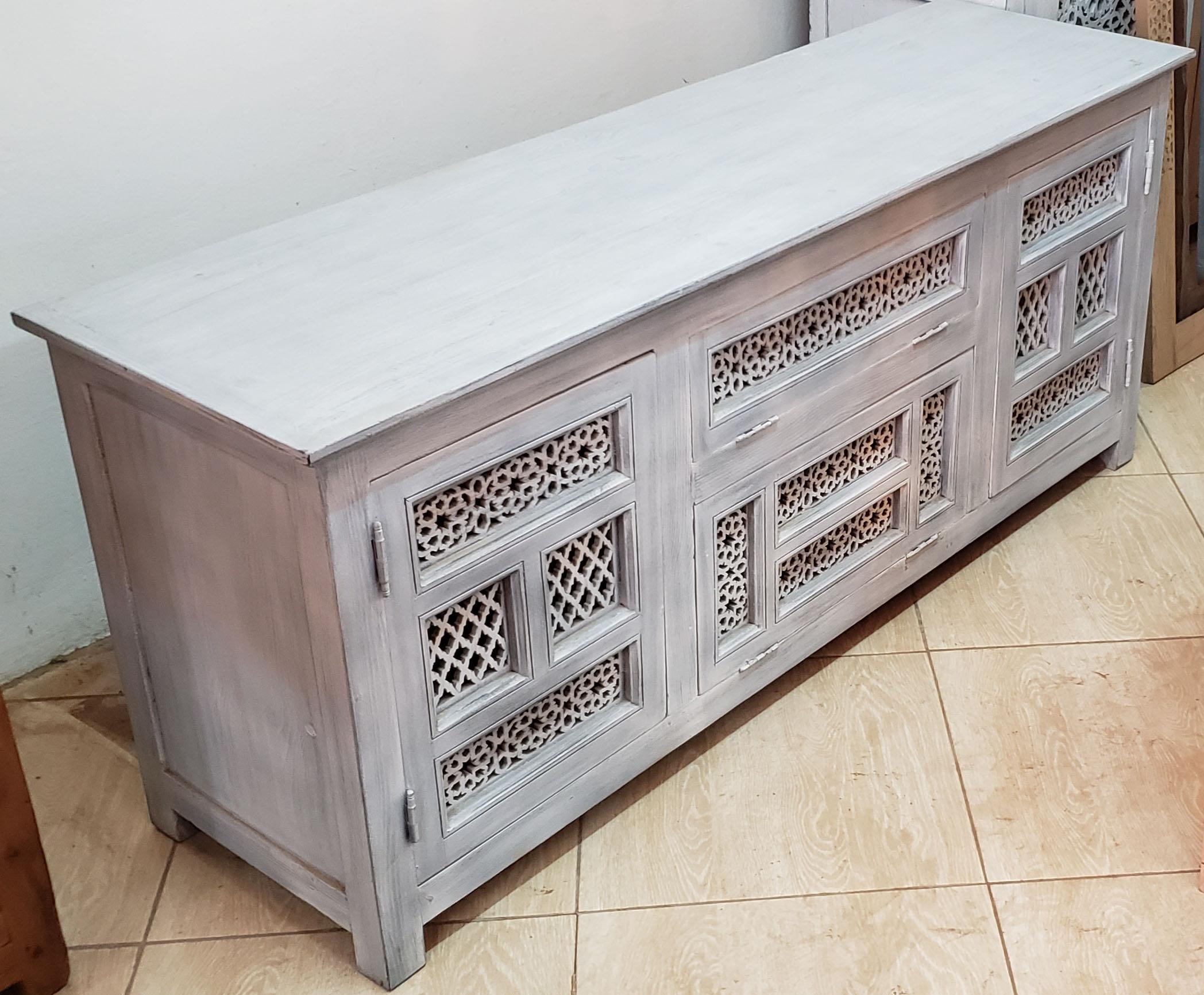 One of the few Moroccan media stands we currently have in stock. This one is a very solid Cedar wood TV cabinet, with plenty of storage space, and can be used as a TV Stand, aquarium support base, small blanket chest, or just stand alone as a show