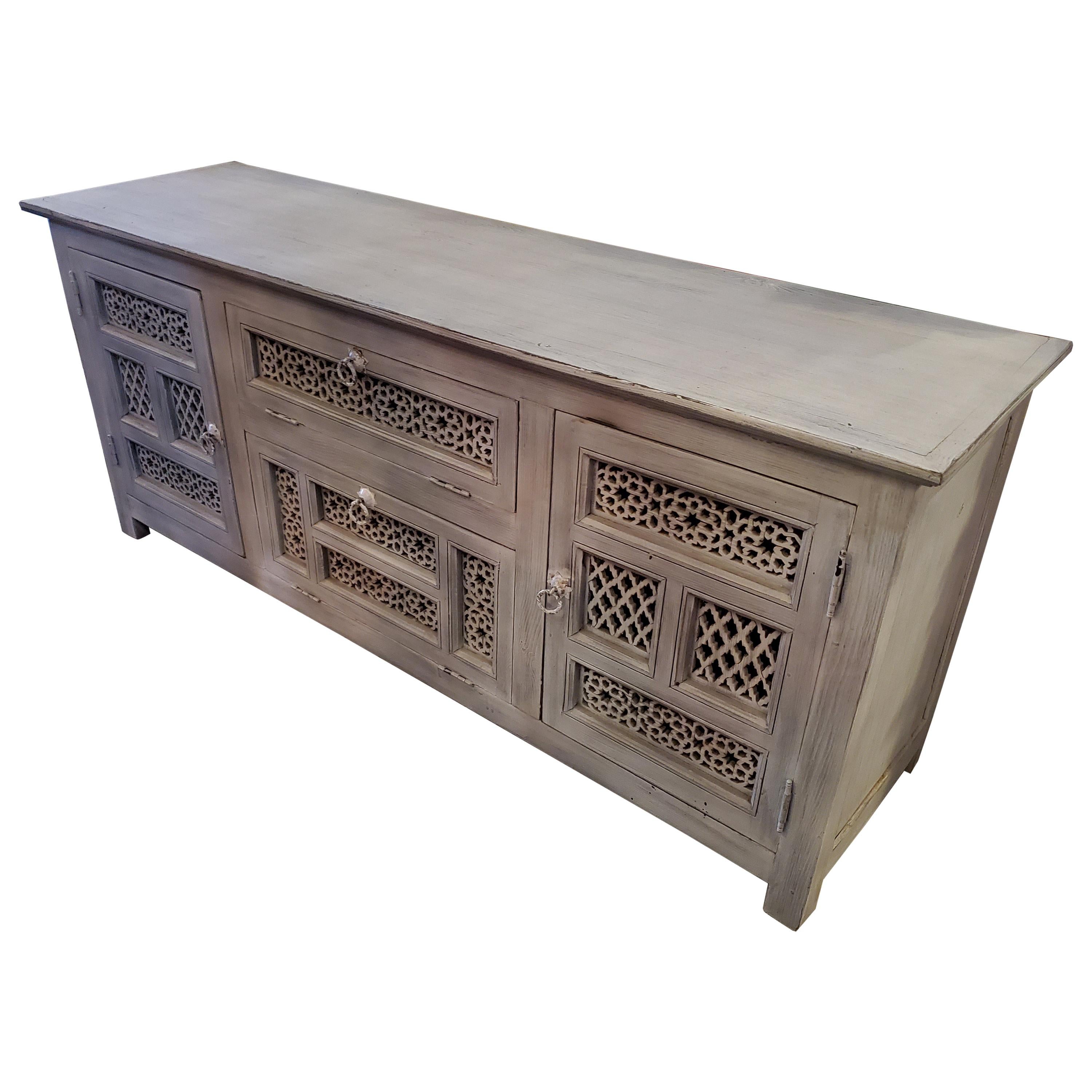 Moroccan Wooden Media Stand, Silver Wash For Sale