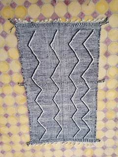 Moroccan Natural Wool Area Rug Hand Embroidered Berber, Black White Tribal Print