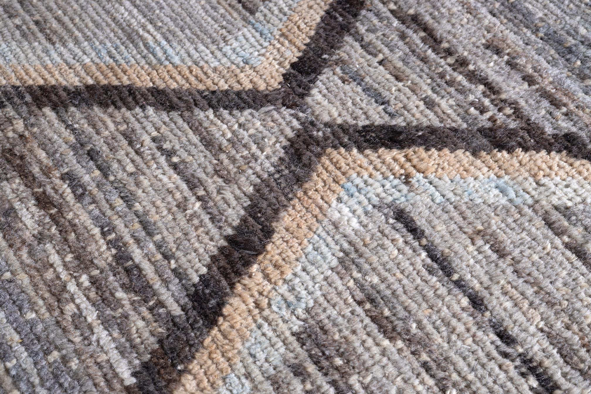 Organic Modern Turkish Wool Rug In Blue Neutral Geometric Pattern For Sale