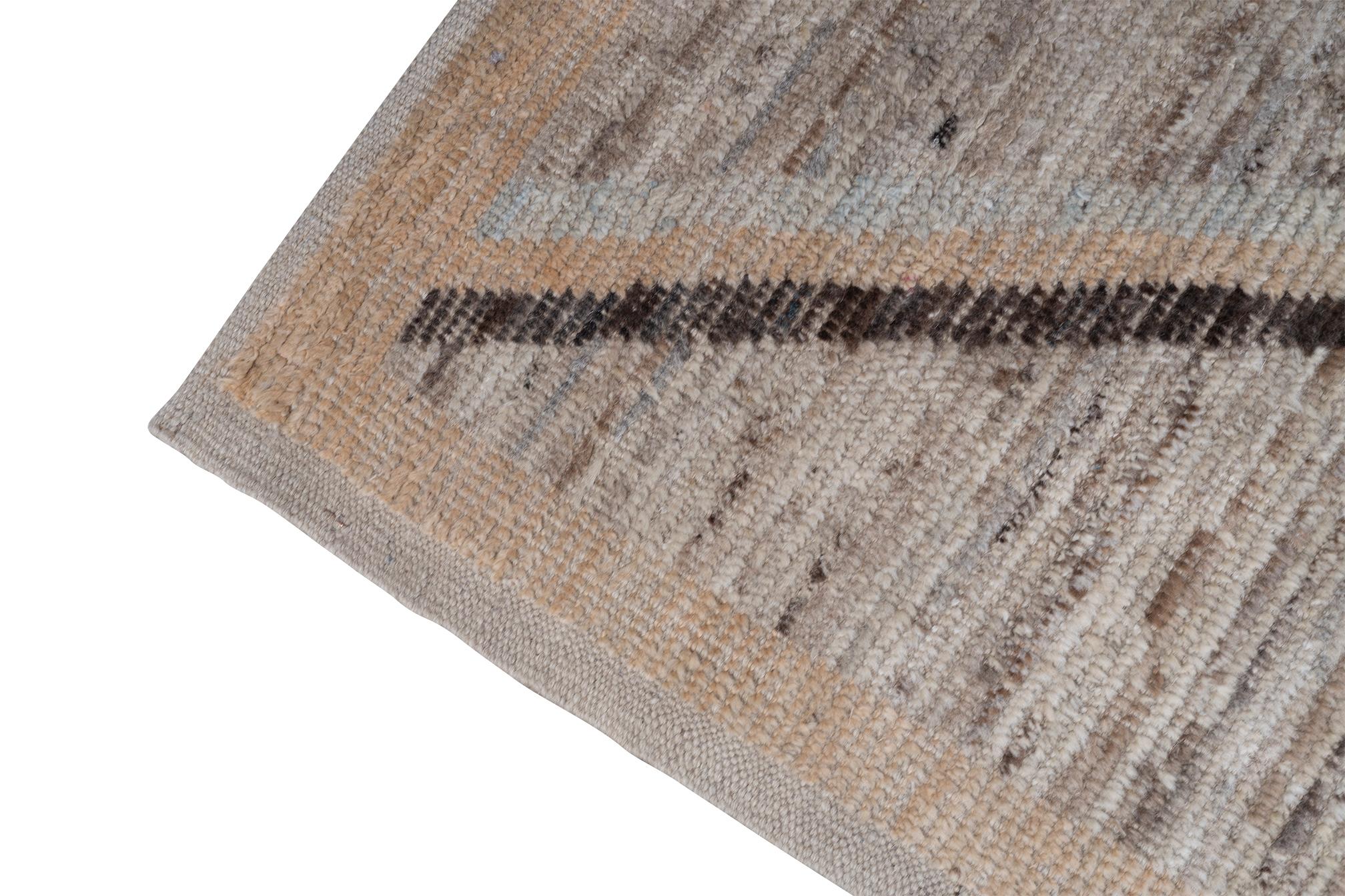Turkish Wool Rug In Blue Neutral Geometric Pattern For Sale 1
