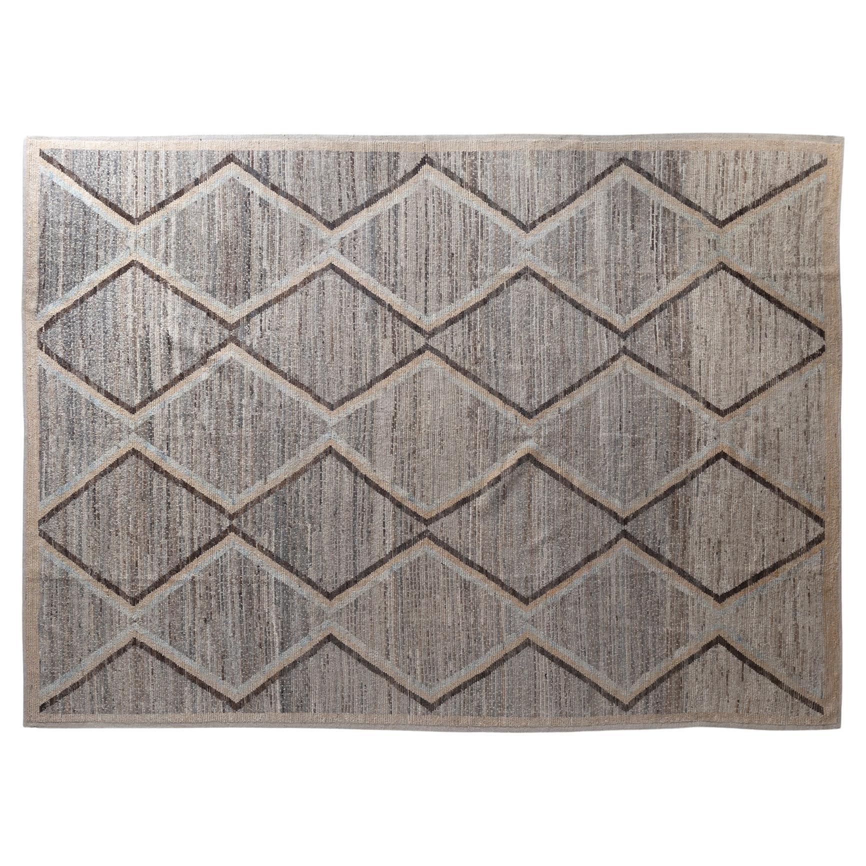 Moroccan Wool Rug In Blue Neutral Geometric Pattern For Sale