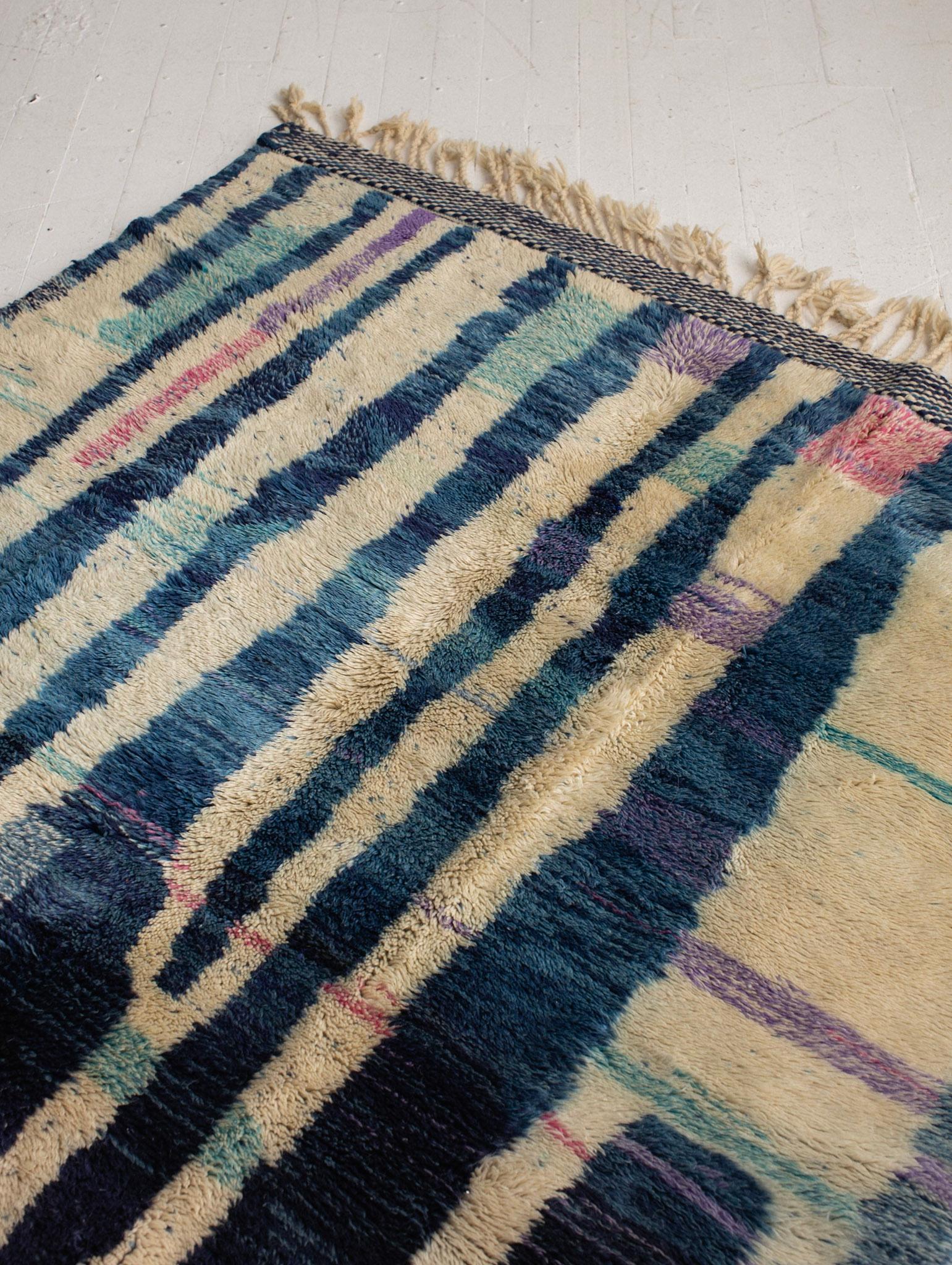 Mid-Century Modern Moroccan Wool Rug in Graphic Blue Pattern