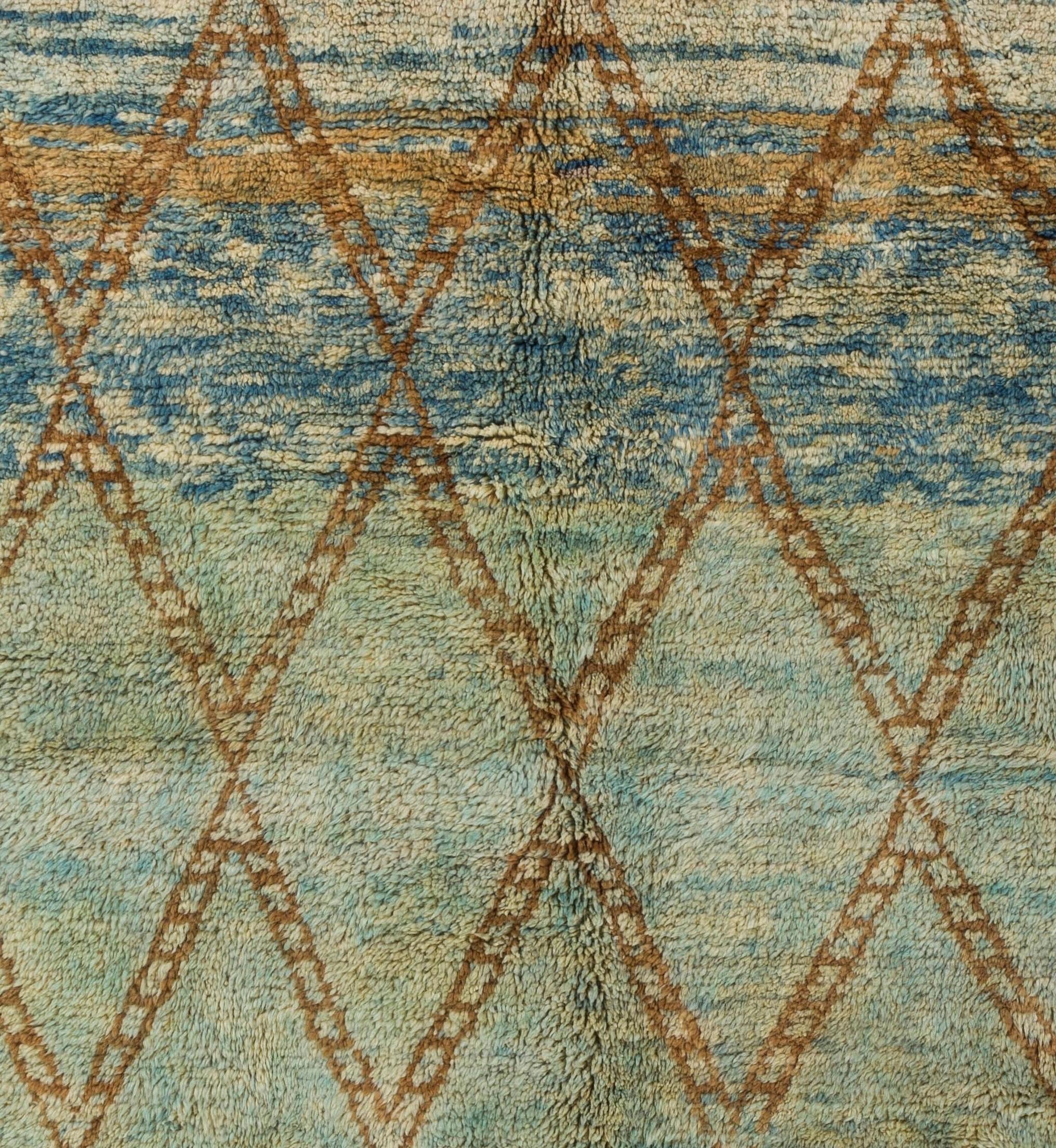 Scandinavian Modern 7.2x10.4 ft Handmade Moroccan Wool Rug in Blue, Green and Rust, Custom Ops Avl.